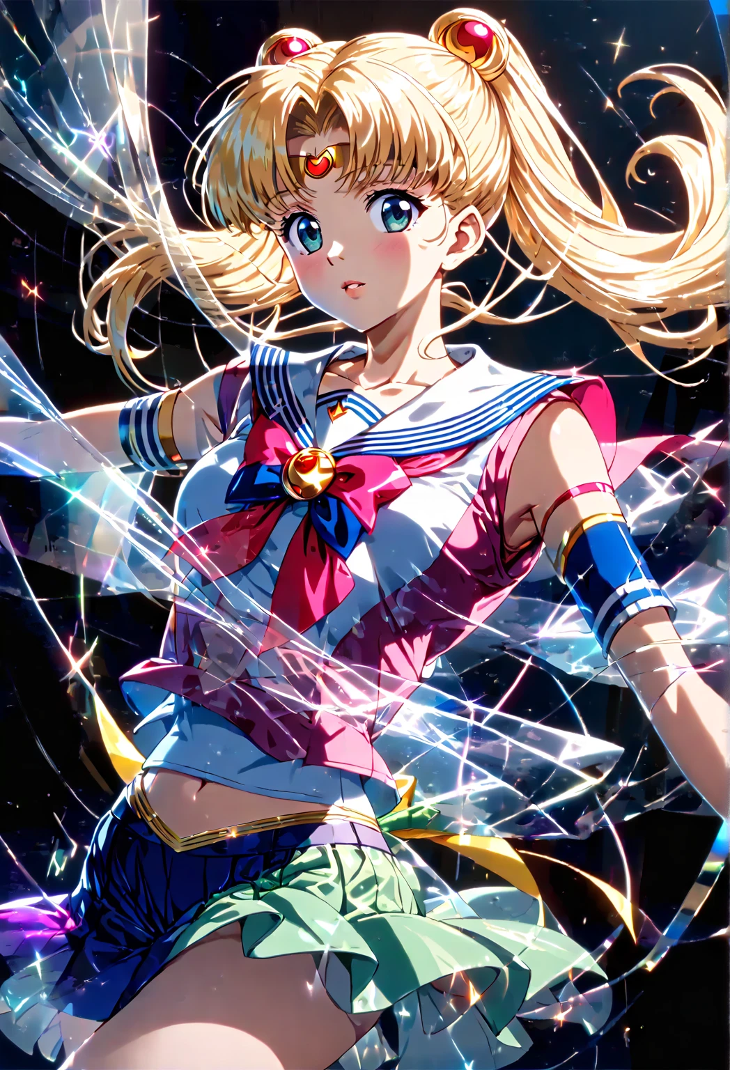 masterpiece,best quality,highly detailed,1girl,solo,blush,digiTransEffect,hologram,holographic body, dynamic pose,holographic dress, eternal sailor moon