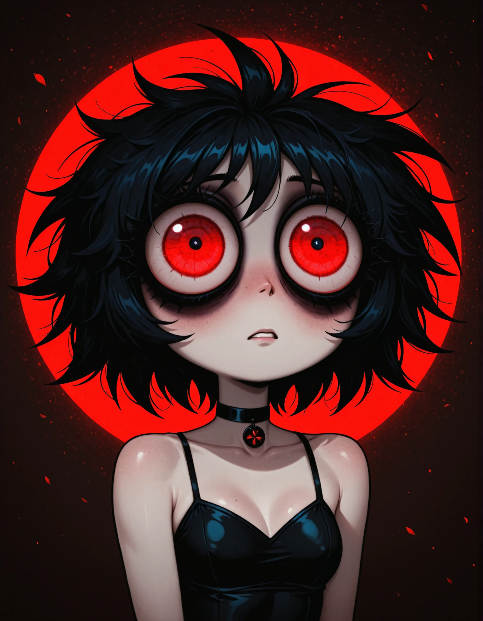 masterpiece, best quality, exhausted, big eyes, bags under eyes, eyeliner, zzRoseCitron, (looking at viewer, dress, bare shoulders, collarbone, upper body, flower, choker, black dress, petals, makeup, black choker, lipstick, pale skin, bright pupils, red background, white pupils, red lips, red moon:0.6) ,