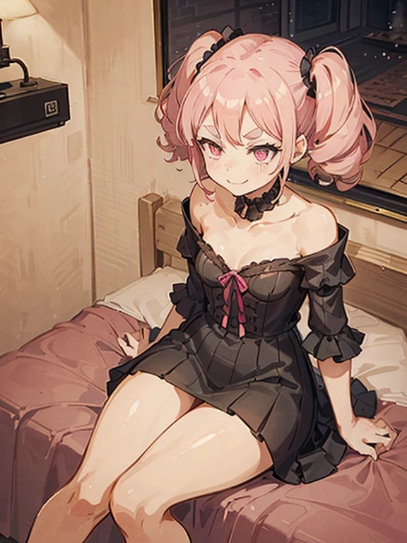 masterpiece,best quality,ultra detailed,super resolution, bedroom,solo,looking at viewers,Love,nsfw,at Night, Stand at the entrance to the room,face down,1 ,slender,babyface,,love face,(big eyes:1.1),(eyeshadow:0.8),eyelash,parted lips,Red lipstick,(pink hair,twin drills,short hair,pink gradient hair:1.1),hairpin,hair ornaments,medium breast,Babydoll Lingerie,elbow lace gloves,lace panties,ribbon,Thigh-high lace socks,
