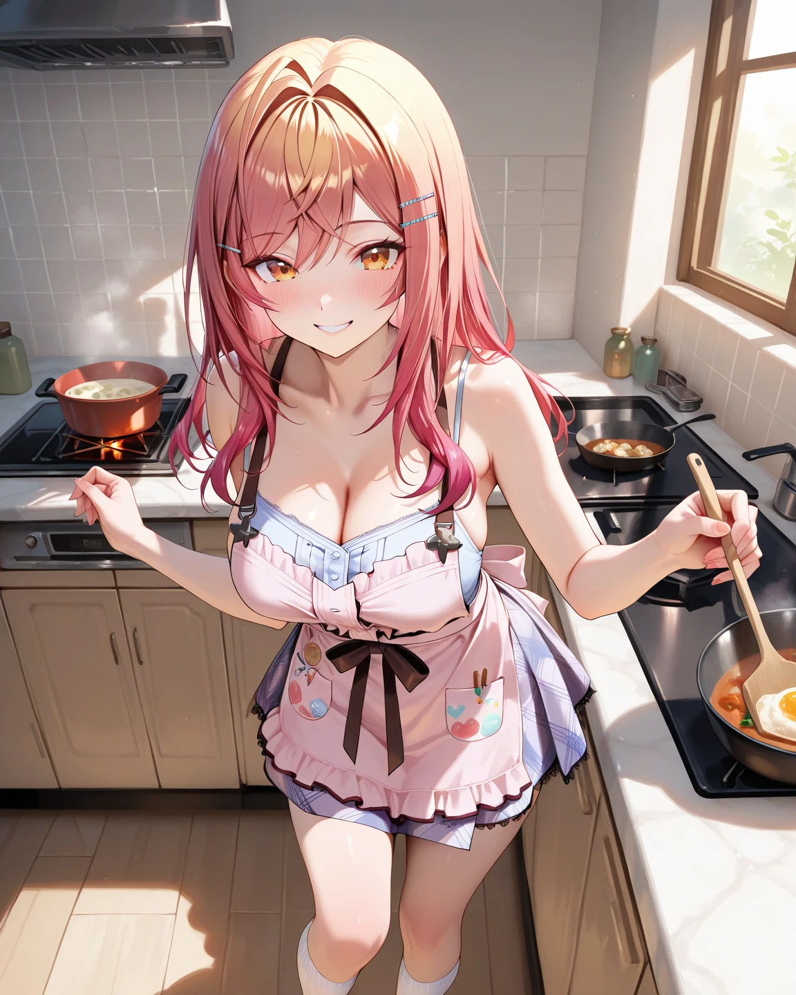 1girl in、A smile、Cooking in your room、barechested、Wearing only an apron、（（small tits））、
