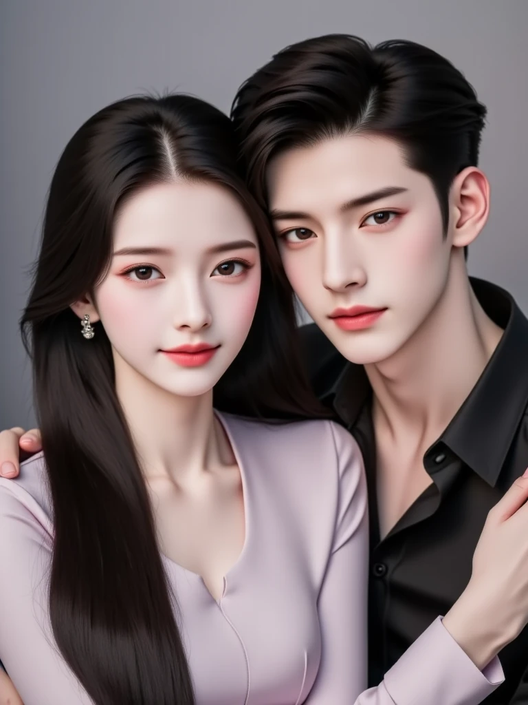 ((quality、masterpiece、photographyrealism:1.4、8k))、（（1 Korean、Short hair details、Handsome 20-year-old Korean boy：1.3），（1 Korean women、long gray hair、Girlfriend Mix_v1：1.3）、2 people hugging each other）、25 years old、face shape、Detailed eyes and face、High-end mall shopping)、textured skin、super detailed、Hoch details、high high quality、high resolution、（looking at the audience）、detailed mouth、Smile、of the whole body:1.2、Real-world scenarios、Wearing a translucent T-shirt