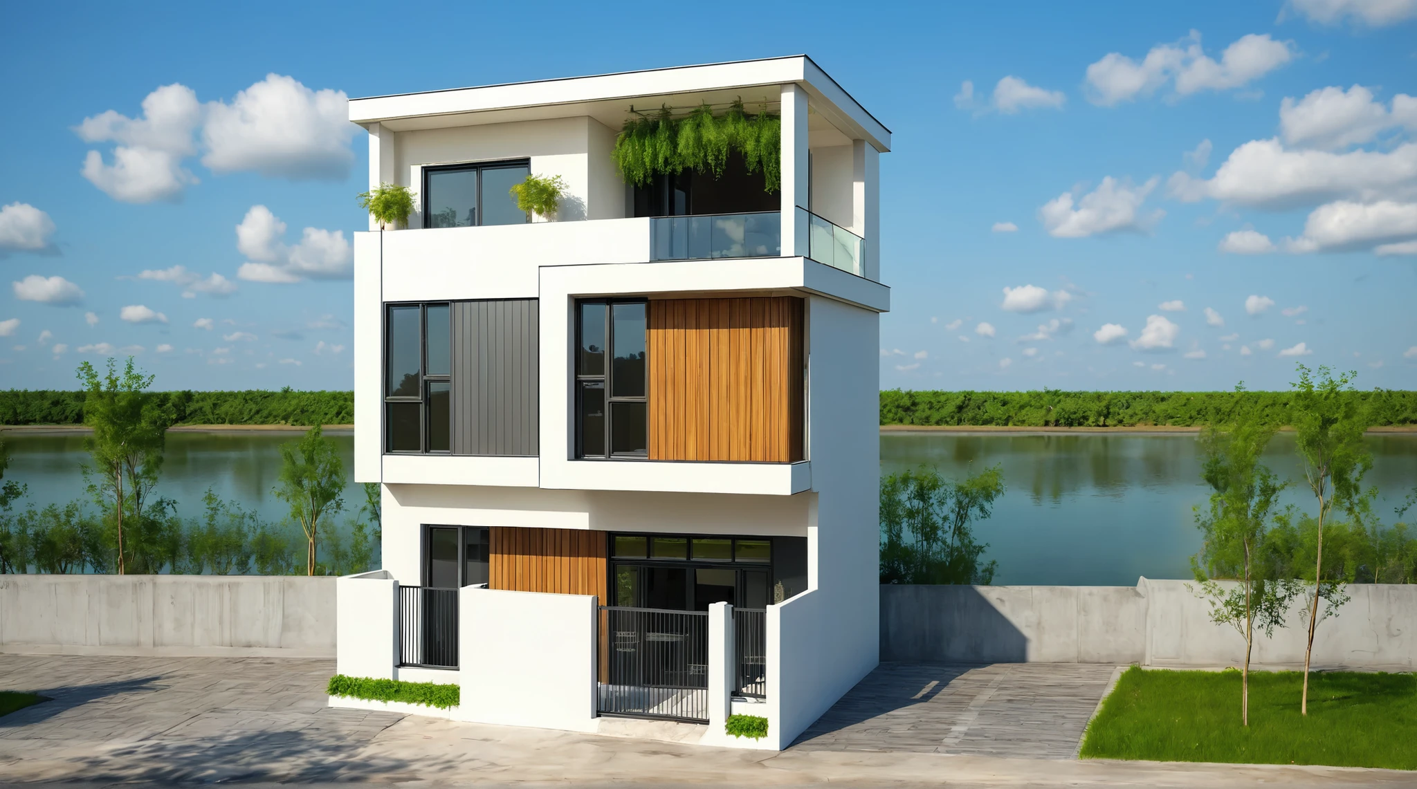 townhouse, (modern style:1.2), exterior design, perspective view, (white wall:1.3), wooden ceiling, open roofs, (block sidewalks and asphalt roads), (real sky background), Low trees around the house, overall peaceful atmosphere cinematic photo, (Neutral lighting is suitable for the modern villa, light color thermometer lighting), (architectural design visualization), (reflection), (focus on object), (material normal bump real reflection), (scattered light), (light ray), (multi-beam light), (sunbeam) (multi-level reflection), (corona software visualization render:1.2),(((Best Quality))), ((Masterpiece)), ((best illustration)), ((best shadows)), ((Super Detail)), (Intricate lines), (Photorealism),(hyper detail), ((archdaily)), ((award winning design)), (dynamic light), ((day)), spotlight, (perfect light), (shimering light), ((photorealistic)), ((intricate detail)), ((extreme detail)), ((science)), ((hyper-detail)), ((super detail)), ((super realistic)), ((crazy detail)), ((octane render)), ((Cinematic)), ((trending on artstation)), ((High-fidelity)), ((Viwvid)), ((Crisp)), ((Bright)), ((Stunning)), ((Eye-catching)), ((High-quality)),((Sharp))((Bright)), ((Stunning)), ((natural sun environment)), ((Eye-catching)), ((Illuminating)), ((Flawless)), ((High-quality)),((Sharp edge render)), ((medium soft lighting)), ((photographic render)), ((detailed archviz)), ((reality environment)), (modern townhouse design architectural design facade), (modern townhouse facade roof design), (modern townhouse facade wall design), (modern townhouse facade decoration material design) (townhouse facade door and window design modern), (environmental lighting design), (modern townhouse facade lighting design), (modern townhouse front gate and fence design), (tree decoration design for townhouse facade), (Design lights for gate posts and fences), (townhouse facade railing design)