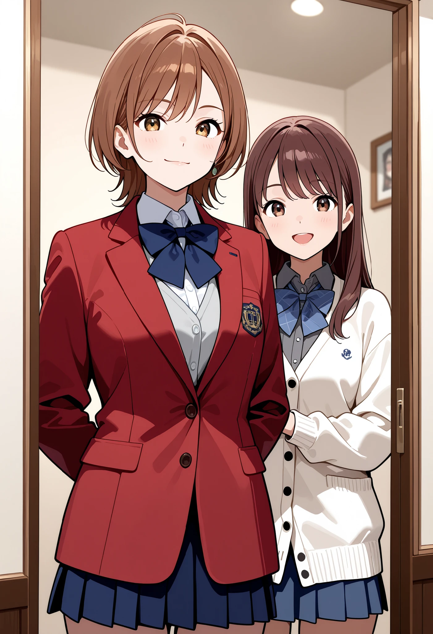 2 girls ,cowboy shot, red blazer girl , white cardigan girl, grey shirt, navy blue bowtie ,navy blue miniskirt, brown-haired woman,