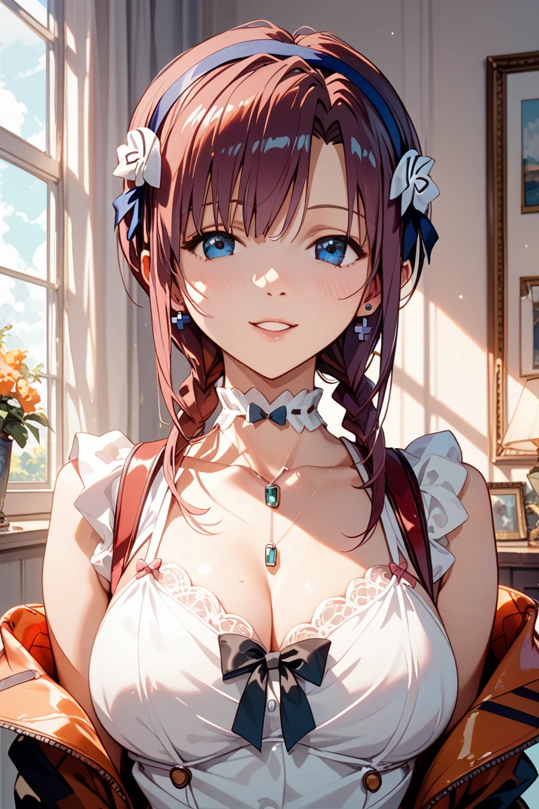 ((((UHD)))), ((((masterpiece)))), (((((super detail))))), high details, ((((high quality)))), ((((best quality)))), (((highres))), ((((16k)))), ((Shadows)), red hair, hair over shoulder, side swept bangs, tiara, jewelry, surgical mask, heart-shaped pupils, one eye closed, sparkling eyes, big beautiful light blue eyes, crystal earrings, grin, bright pupils, evil seductive smile, red lips, light blush, cheek-to-cheek, sparkle, god rays, backlighting, reflection light, bloom, dutch angle, perspective, from above, slighly furrowed brows