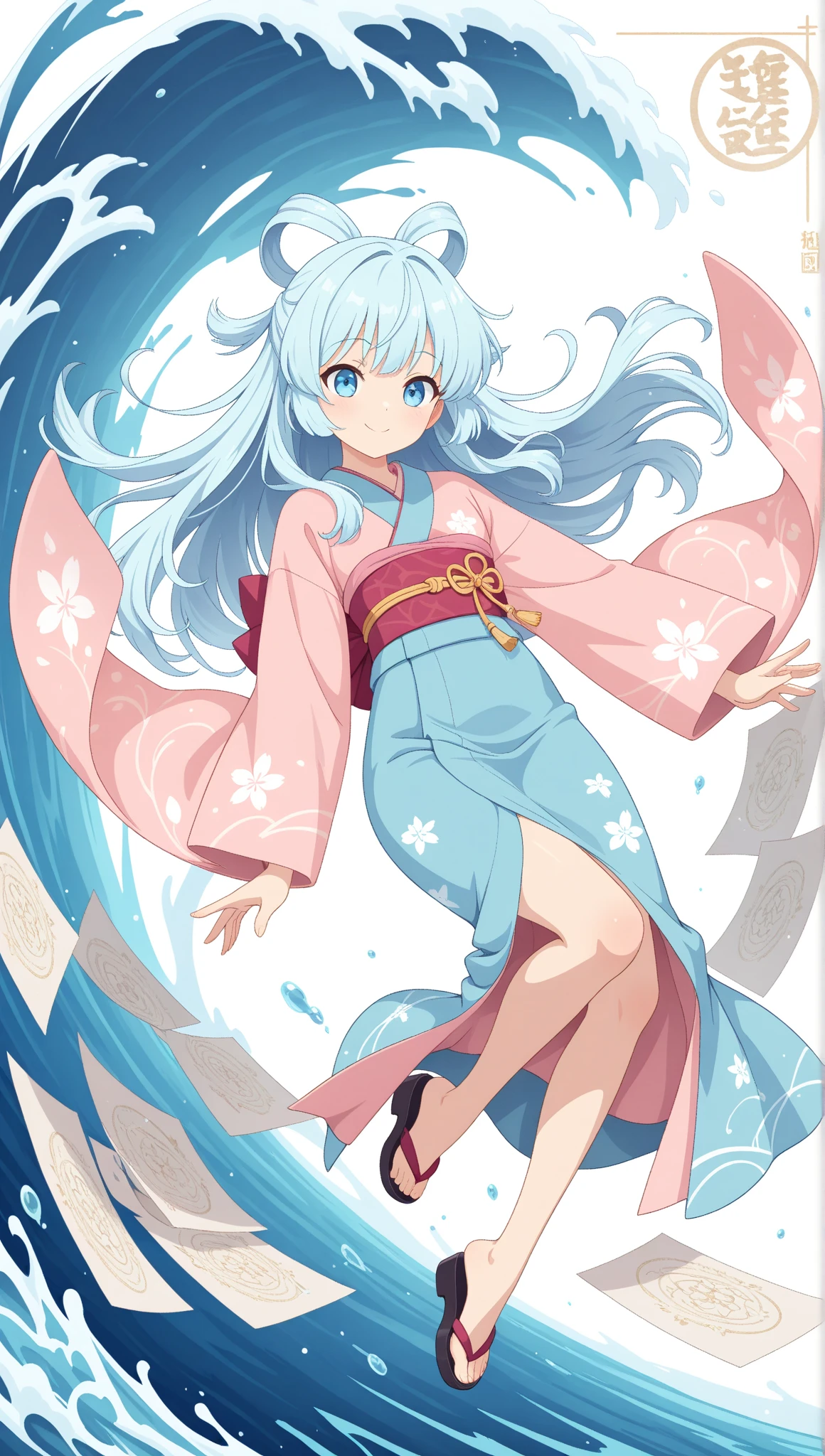 full body illustration, magical dance pose, gorgeous female air and water wizzard in traditional kimono, magical female monk, blue shiny eyes, gorgeous big cute eyes, gorgeous woman, big chest