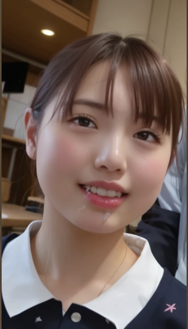 score_9,score_8_up,score_7_up,best quality,highres,master piece,(1 japanese girl,young adult),from above,looking at viewer,large breasts,Cleavage,upper body,smile+happy,realistic lighting,photorealistic,realistic shiny skin,beautiful detailed eyes,brown short hair,sailor suit,dark blue collar,white shirts,long sleeve,((bukkake,open mouth,out tongue)),((((cum in mouth,cum in hair,cum facial)))),2penis handjob,penis,Restroom