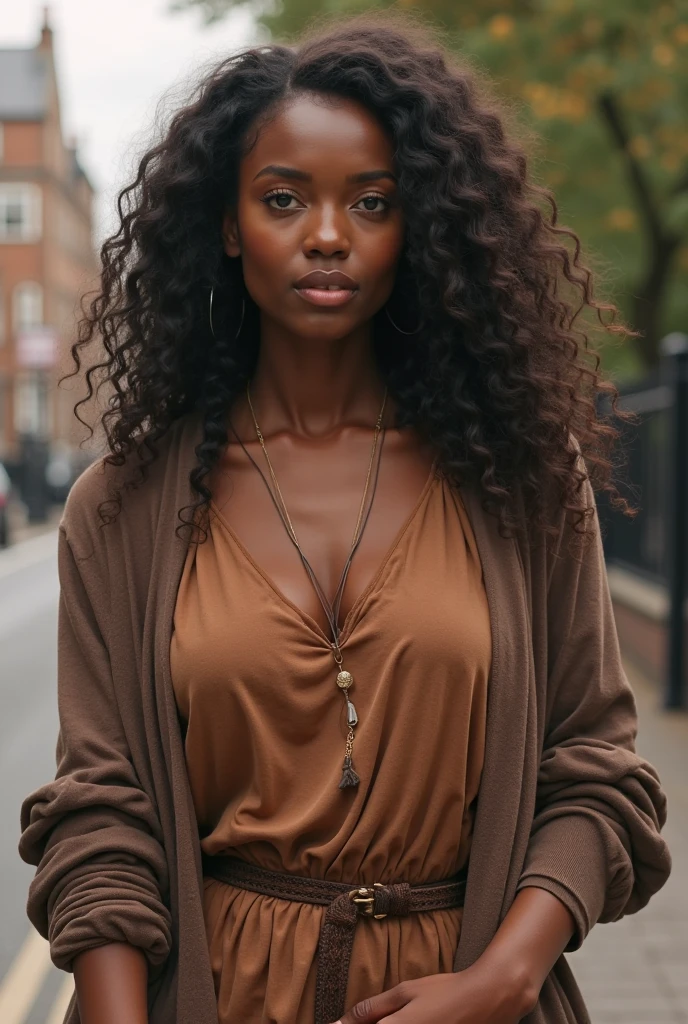 Girl with shy dresses with dark skin, Short frail afro curly hair, amber eyes, hoodie