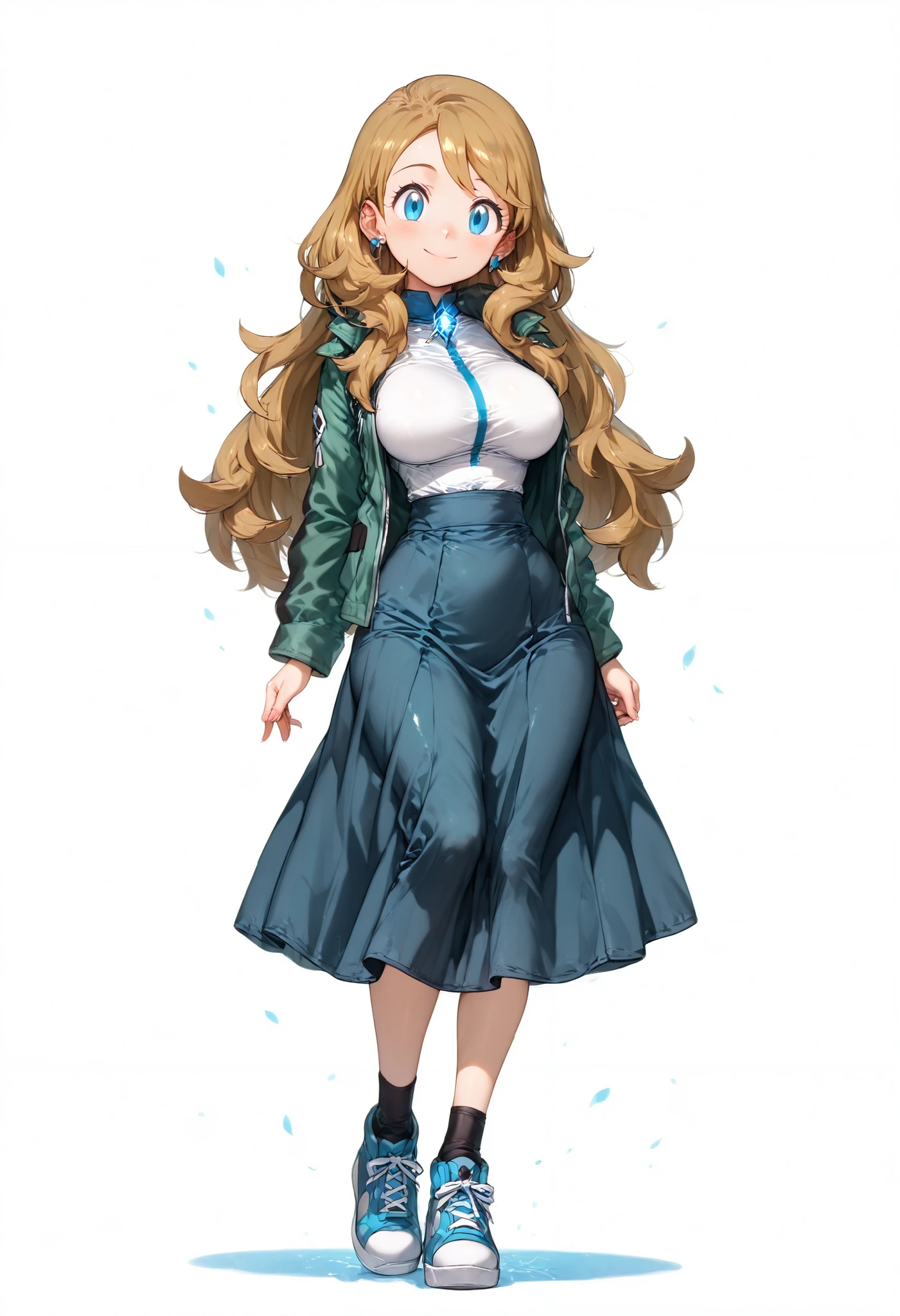 solo, full body, from front, standing, BREAK The most beautiful old girl in the world, Serena(Pokémon), serenaj, BREAK Marrons glace hair, shoulder-length hair, Silky hair, glossy hair, soft hair, BREAK Big eyes, Round eyes, clear and beautiful eyes, royal blue eyes, looking at viewer, smile, BREAK Green field jacket with black sleeves, white shirt, Dark blue long skirt, sneakers, ankle socks, BREAK fair skin, shiny skin, glowing skin, smooth skin, porcelain skin, BREAK Model-like physique, Curvy body, Large breasts, Busty breasts, narrow waist, Huge hips, stout thigh, BREAK Japanese Anime, Illustrious, BREAK Detailed, 8K, sharp focus, vibrant colors, high contrast, BREAK Pokémon style, Detailed animation style, Game style, Digital art style, BREAK natural light, high-key lighting, long shadows, BREAK white background, BREAK (Masterpiece), (Best quality)