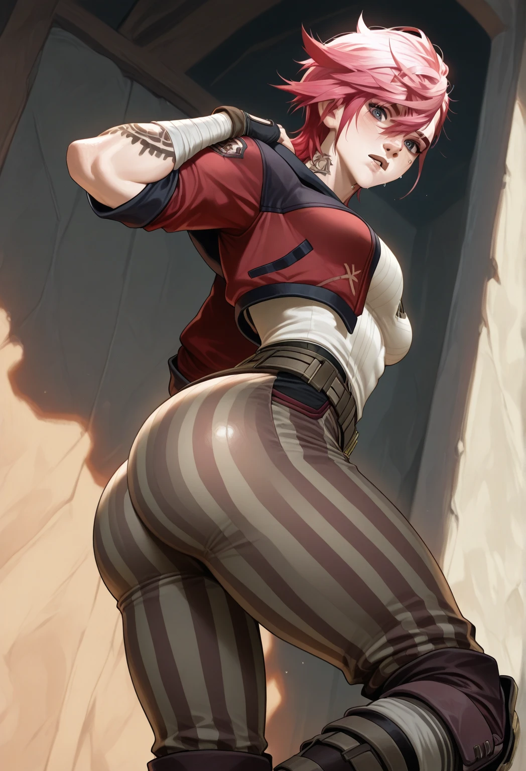 (masterpiece), best quality, female warrior, dark fantasy, huge girl, female muscular:1.2, ginger hair, (curvy:1.6), ((thick thighs:1.3)), (((blank background))), ((full body)), fingerless gloves, long bootss, sleeveless, (straight  hair), (fur top) , strapless top, (spread legs), standing, (from behind) , (long legs:1.5), ((legs apart))
