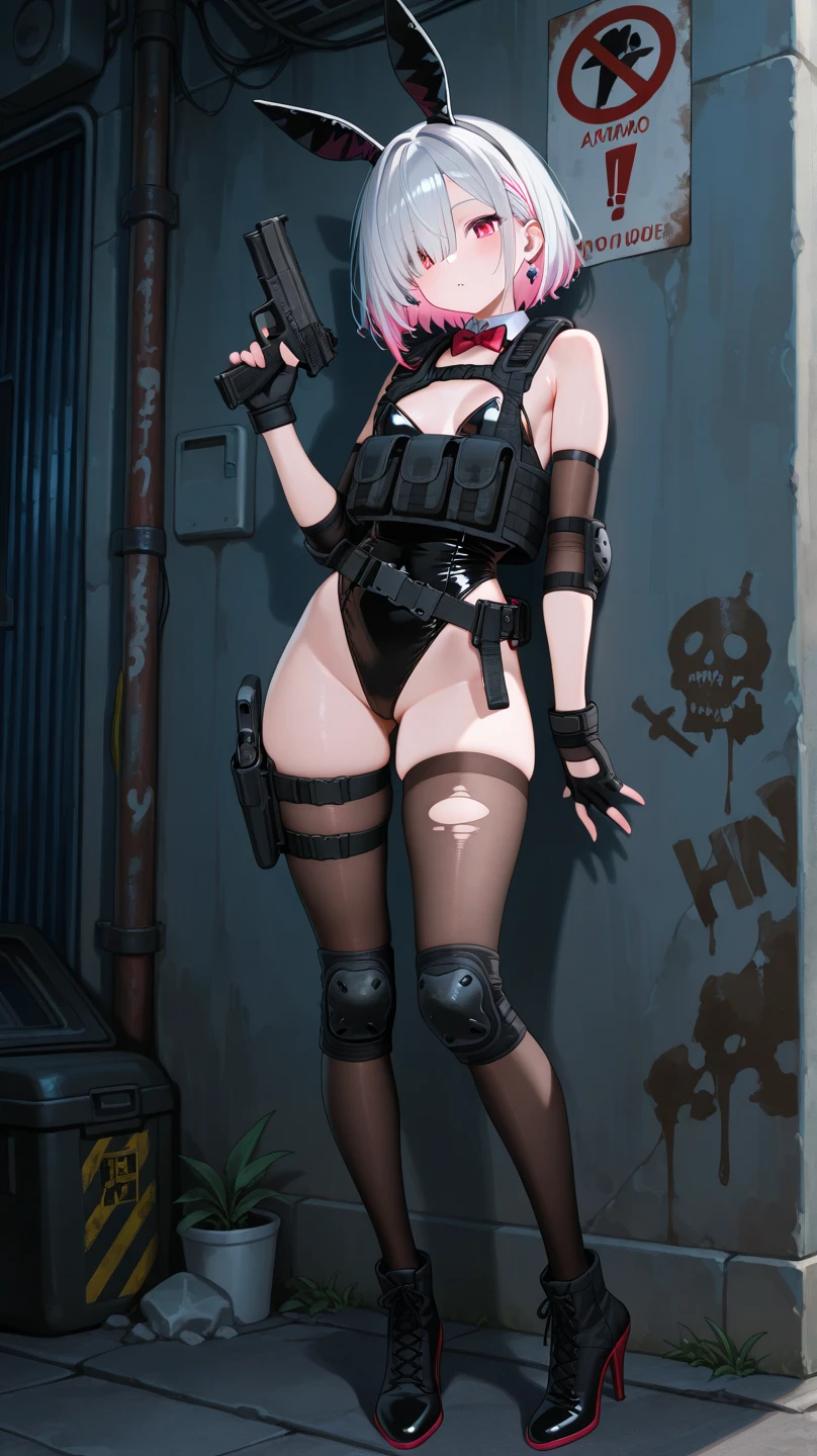 woman, long braided hair, vermilion hair, perfect body, metal mouth cover, metal robot arms, purple-red eyes, military top, big breasts, beautiful thick thighs, purple-red and black clothing, military boots, many belts , futuristic rifle, has war scars, posing with a rifle, full body focus, high definition details, dynamic lighting, rtx, military base background.