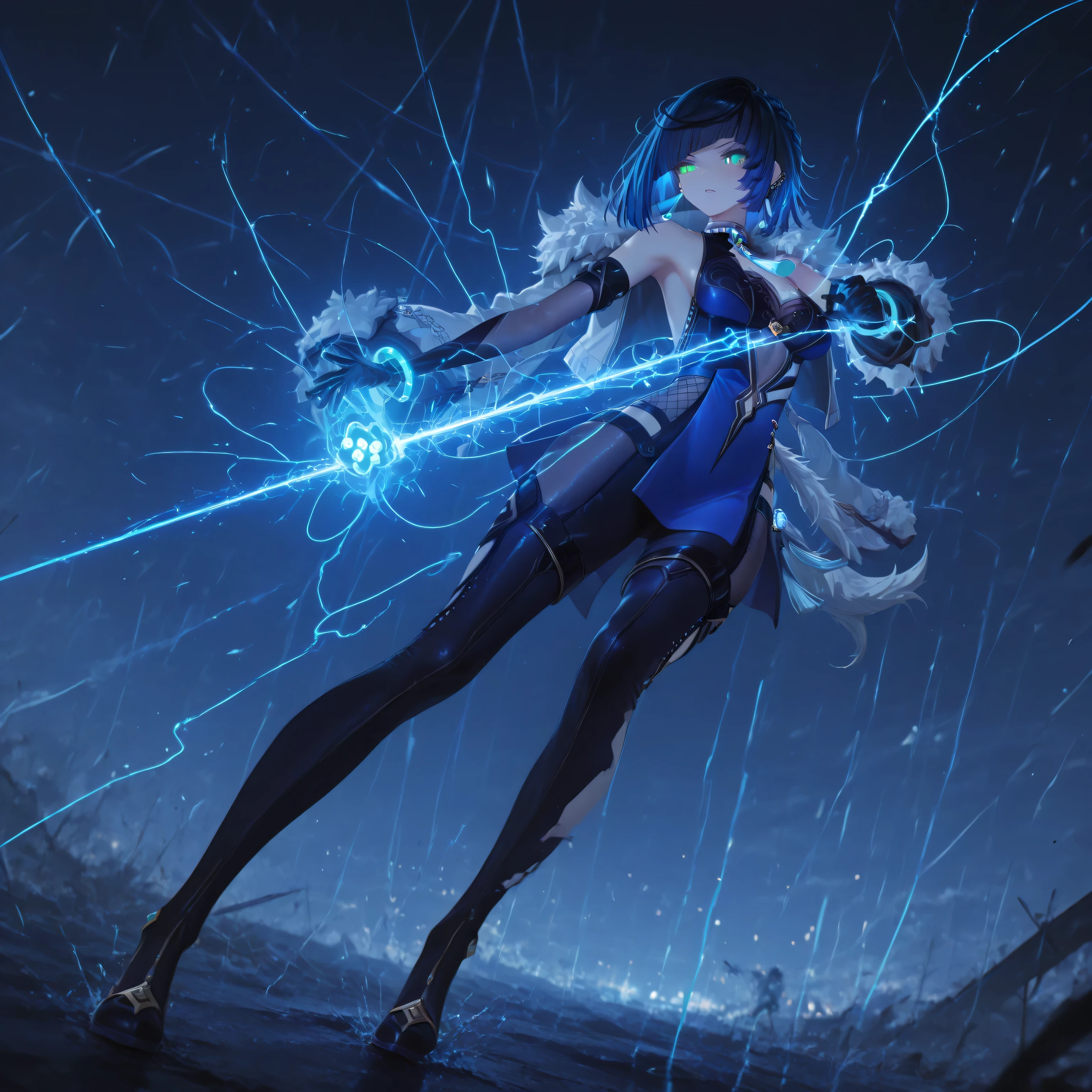 Yelan in battle field, blue glowing strings, fighting