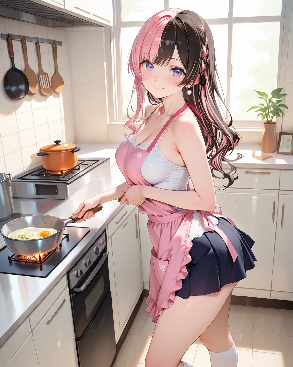 sexy girl stands in the kitchen in a colorful apron stained with flour