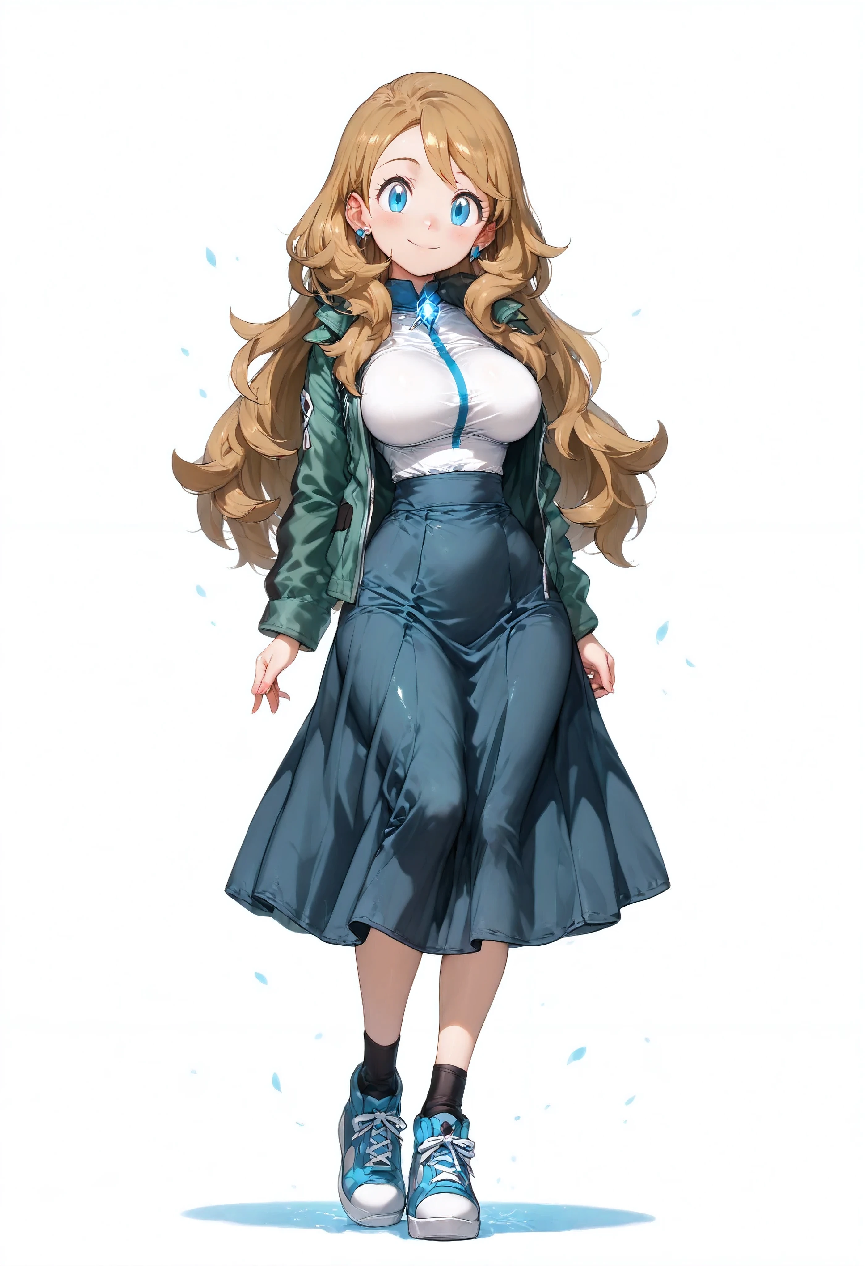 solo, full body, from front, standing, BREAK The most beautiful old girl in the world, Serena(Pokémon), serenaj, BREAK Marrons glace hair, shoulder-length hair, Silky hair, glossy hair, soft hair, BREAK Big eyes, Round eyes, clear and beautiful eyes, royal blue eyes, looking at viewer, smile, BREAK Green field jacket with black sleeves, white shirt, Dark blue long skirt, sneakers, ankle socks, BREAK fair skin, shiny skin, glowing skin, smooth skin, porcelain skin, BREAK Model-like physique, Curvy body, Large breasts, Busty breasts, narrow waist, Huge hips, stout thigh, BREAK Japanese Anime, Illustrious, BREAK Detailed, 8K, sharp focus, vibrant colors, high contrast, BREAK Pokémon style, Detailed animation style, Game style, Digital art style, BREAK natural light, high-key lighting, long shadows, BREAK white background, BREAK (Masterpiece), (Best quality)