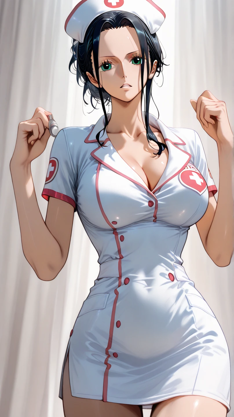1female，35yo，plumw，extremely large bosom， 独奏，（Background with：hospitals，） She has short black hair，Stand in the operating room，，seen from the front， Twist braids， mostly cloudy sky，（（（tmasterpiece），（Very detailed CG unity 8K wallpaper），best qualtiy，cinmatic lighting，detailed back ground，beatiful detailed eyes，Bright pupils，Blue eyes，Snow-whiteskin，Redlip（Very fine and beautiful），（Beautiful and detailed eye description），ultra - detailed，tmasterpiece，））facing at camera，A high resolution，ultra - detailed），revealing breasts，Bare genitalia，  Bulge，legs are open，Raised sexy，Camel toes，Flushed complexion，Desire for dissatisfaction，frontage，Soviet female nurse，Nurse hat，Black nurse uniform，比基尼，Red Cross Mark