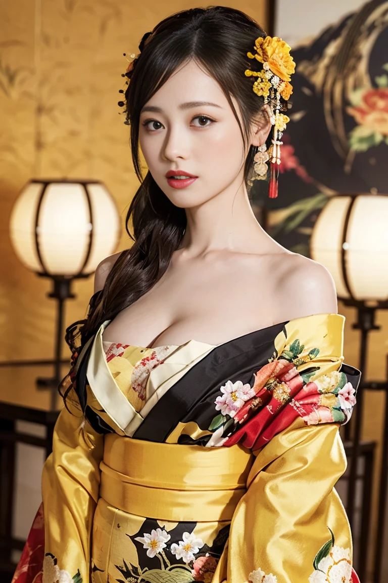 Luxury color style, hyperrealistic gold-white-black outlines of the intricate leaf patterns, embossing on long kimono satin (shiny), attractive woman perfect body ,full body shot, upper body, soft and dim lighting , subtle golden luxurious room background, incredibly detail, elegance pose, looking at viewer, good mood
