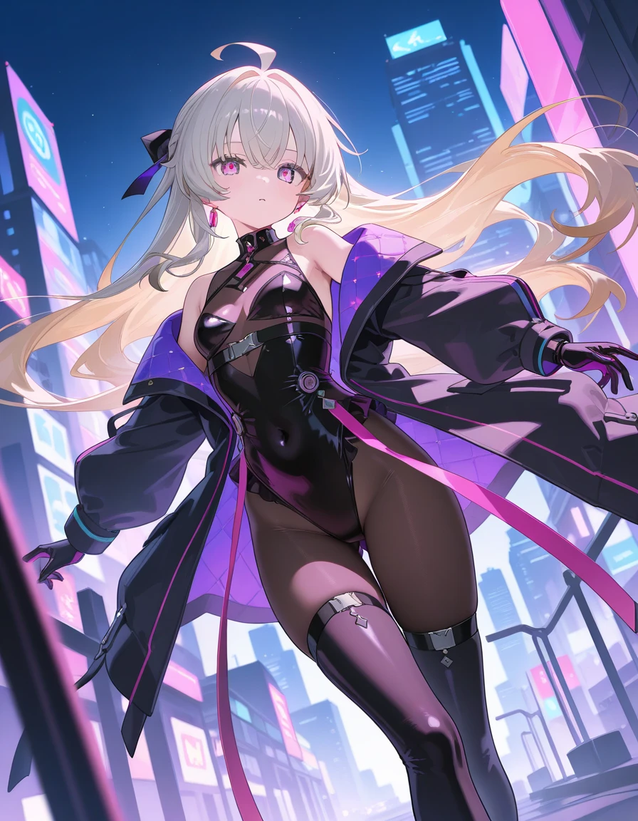 <lora:Cyberpunk-14:0.85>, CyberpunkST, neon lights, night, city, cyborg, bodysuit, tinted eyewear, dynamic pose, <lora:v1ShinigamiRC-14:0.75>, ShinigamiRC, glasses, best quality, masterpiece, highres