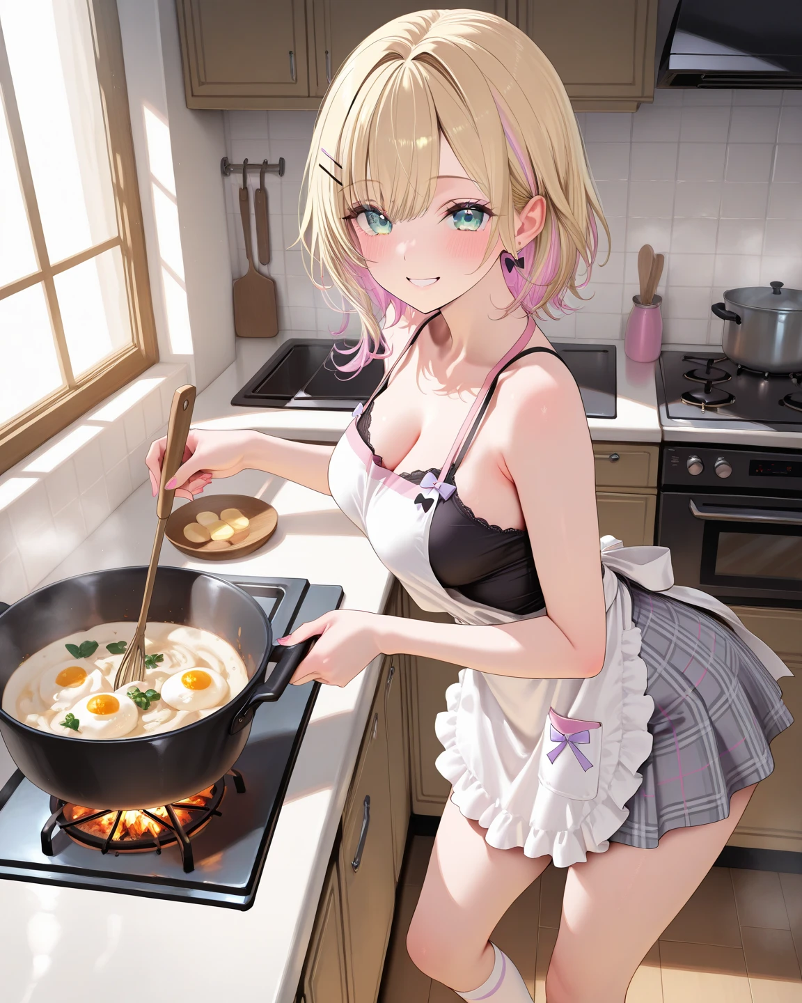 Please draw a cute girl cooking naked in an apron in the kitchen