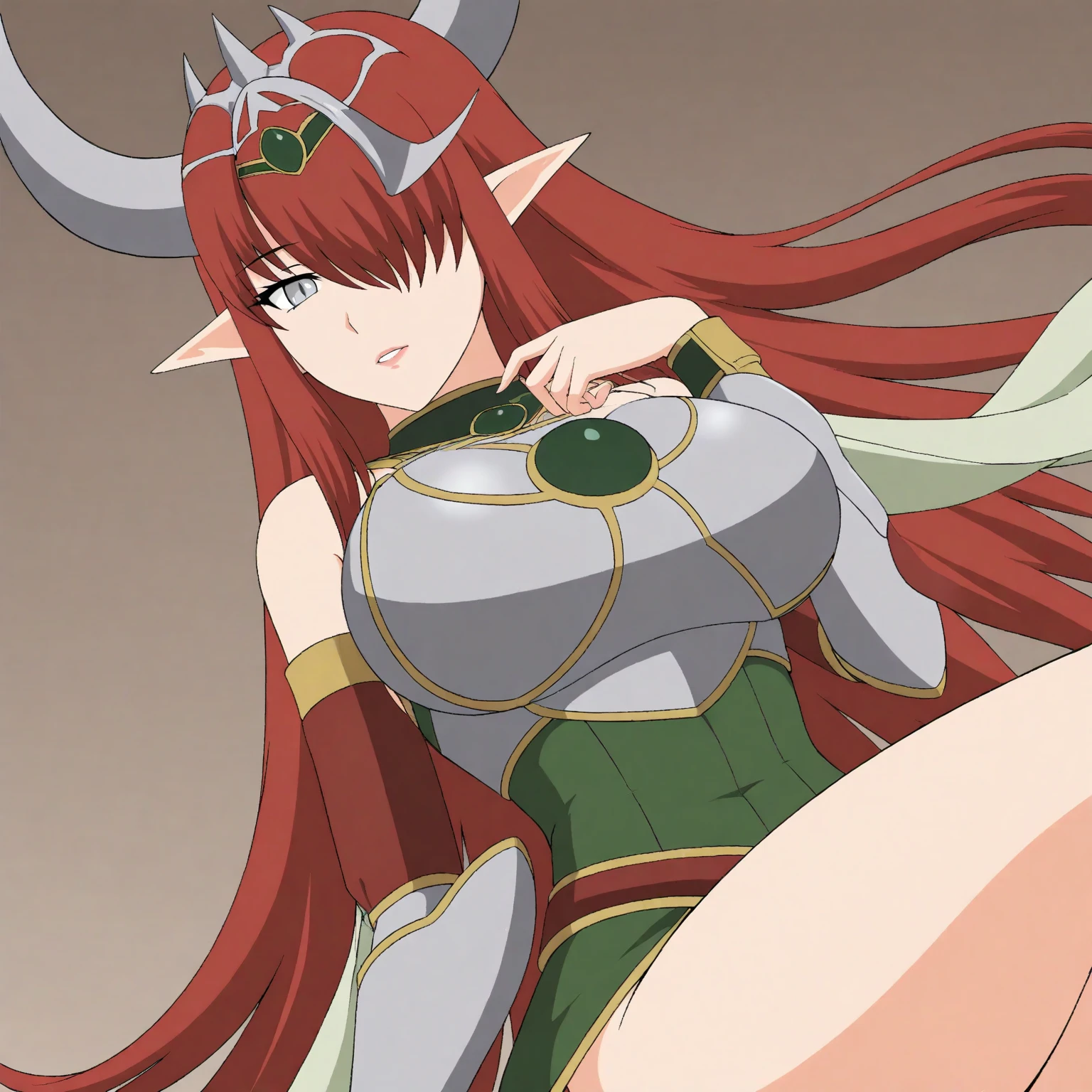 a digital painting of WOWAlexstrasza, crown, black horns,world of warcraft, standing, confidently arms on hips, smile, Armored bikini, arms at sides, (from behind),simple background of a forest, <lora:WOWAlexstrasza:0.6>