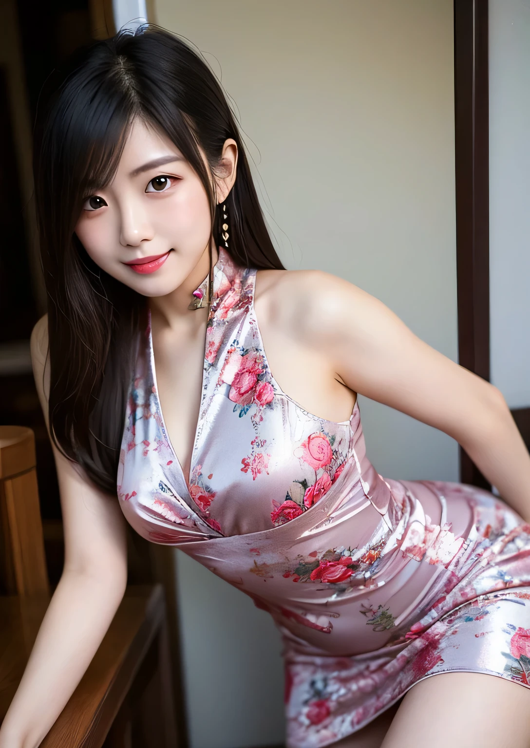 (Highest quality,masterpiece:1.3,Ultra-high resolution),(Very detailedな、Caustics) (Photorealistic:1.4, RAW shooting、)Ultra-Realistic Capture、Very detailed、Natural skin texture、masterpiece、(Embroidered sequined cheongsam:1.3)、Vermilion cheongsam、1 Japanese girl、Adorable expression、Expressions of Happiness、14 years old、Young Face、Amazingly cute、Twin tails、Curly Hair、Black Hair、Scrunchie、Earrings、Heavy makeup、A big bust that seems to burst、Bare arms、This photo was taken in a private room at a sex shop.、Straddling the bed and opening both legs、Phallic insertion、No pants、Shining thighs、smile、An inviting gaze、Cowboy Shot、Sexy pose、