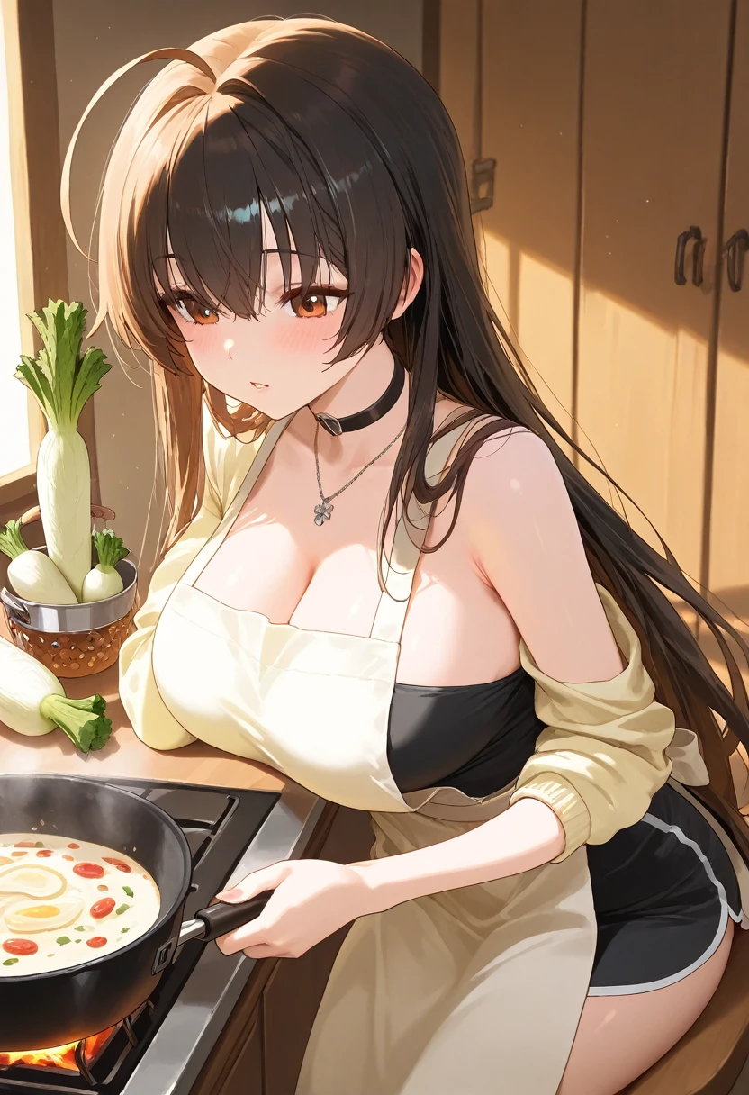 (small breasts:1.2), (perky chest:1.1), (pointed chest:1.0), (cooking magazine cover:1.3),(from above:1.2),(from side:0.9),masterpiece, 1girl, Amazing Cleavage:1.1, thin waist, big ass, Raised sexy, small breast: 1.2, posed cleavage:1.2、solo, open mouth, have a cute grass of cute beergrass,black hair, dark green eyes, dress, bare shoulders, jewelry, collarbone, sidelocks, hairband, earrings, indoors, off shoulder, sweater, arms behind back, plant, short hair with long locks, gild hairband, sweater dress:1.2, off-shoulder sweater, red sweater, dark gord hair, big side hair, very long side hair,is rendered in (masterpiece: 1.2, best quality), with (ultra high resolution) and an exquisite (depth of field). This masterpiece is not only visually stunning but also tells,A scene of cooking in the kitchen by classroom ,looking at viewer,