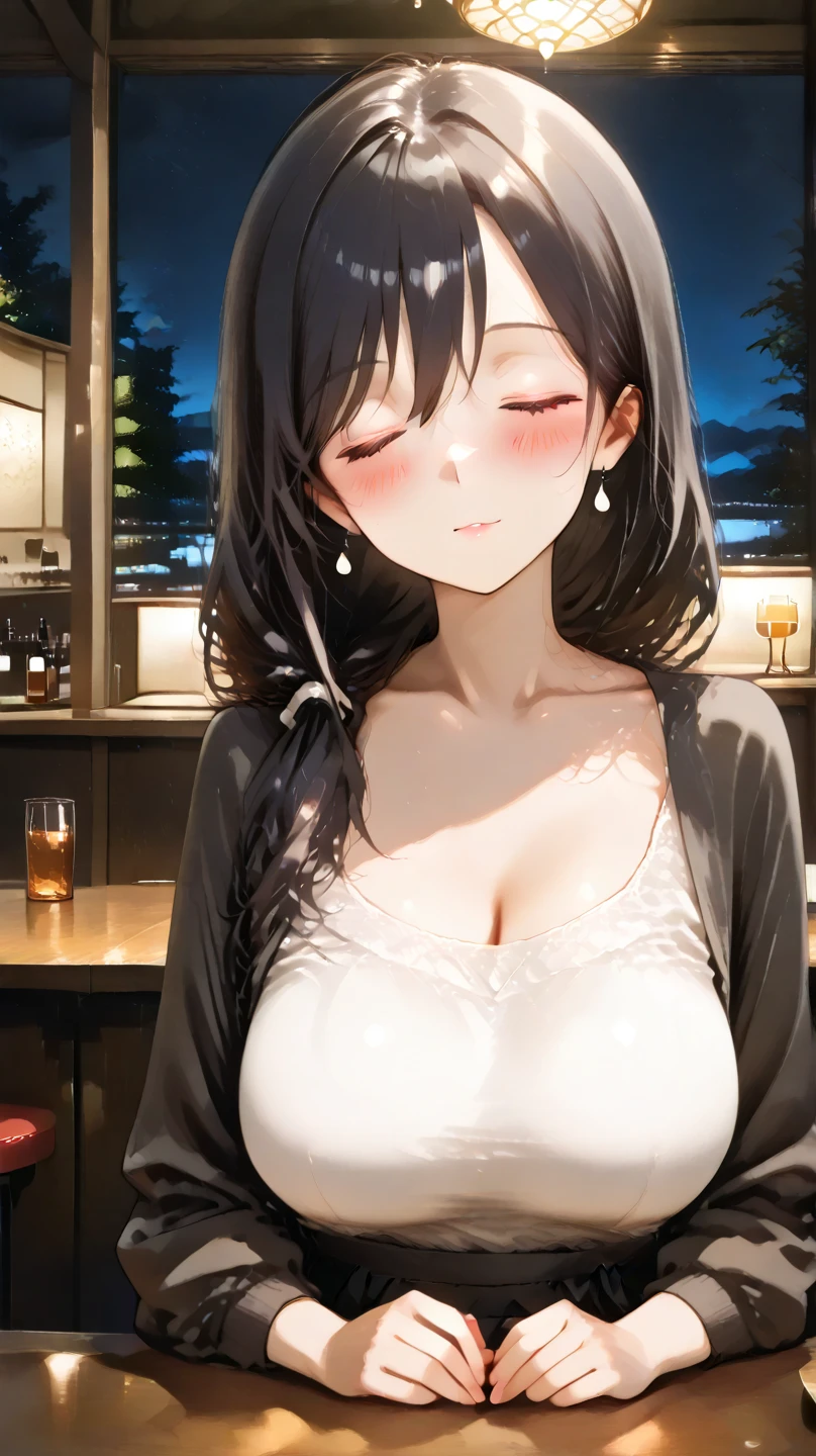BREAK(white)and(Off-the-shoulder blouse dress)BREAK,Realistic,Real person,(Pale skin: 1.2),RAW Photos,Realistic,Glowing Skin,Shiny Hair,(A 25-year-old woman with straight hair and bangs)and(Medium Hair)and(Black Hair)and(Purple eyes),(light smile:1.3),(blush),(tears:0.9),Background is a park at night,Street lamp,Alone on the bench,Cleavage,look at viewer