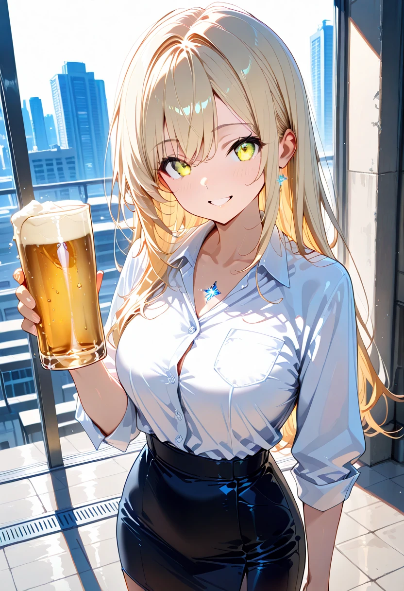 This illustration depicts a cute girl drinking beer at an izakaya. She holds a glass of beer in her hand and her eyes sparkle. The inside of the store is a traditional Japanese izakaya,Attire is casual office clothes. However, the most noteworthy thing is the "last mysterious high-energy body" she emits. This energy body is released from her body and has the power to obliterate the garbage in the store. The pale light reaches every corner of the room. A girl with a satisfied expression is sitting from the window. It's evening, dressed after work.
