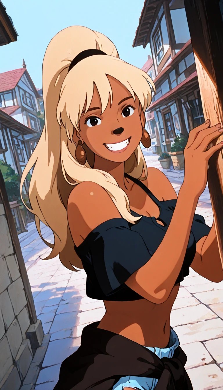 score_9, score_8_up, score_7_up, source_cartoon,<lora:Artemis_PDXL:0.8>, artemis, blonde hair, brown eyes, ponytail, big lips, dark skin,medium breasts, white bikini, looking at viewer, wide grin, v sing, face focus, from side, close up, solo, outdoors, beach, best quality, high quality