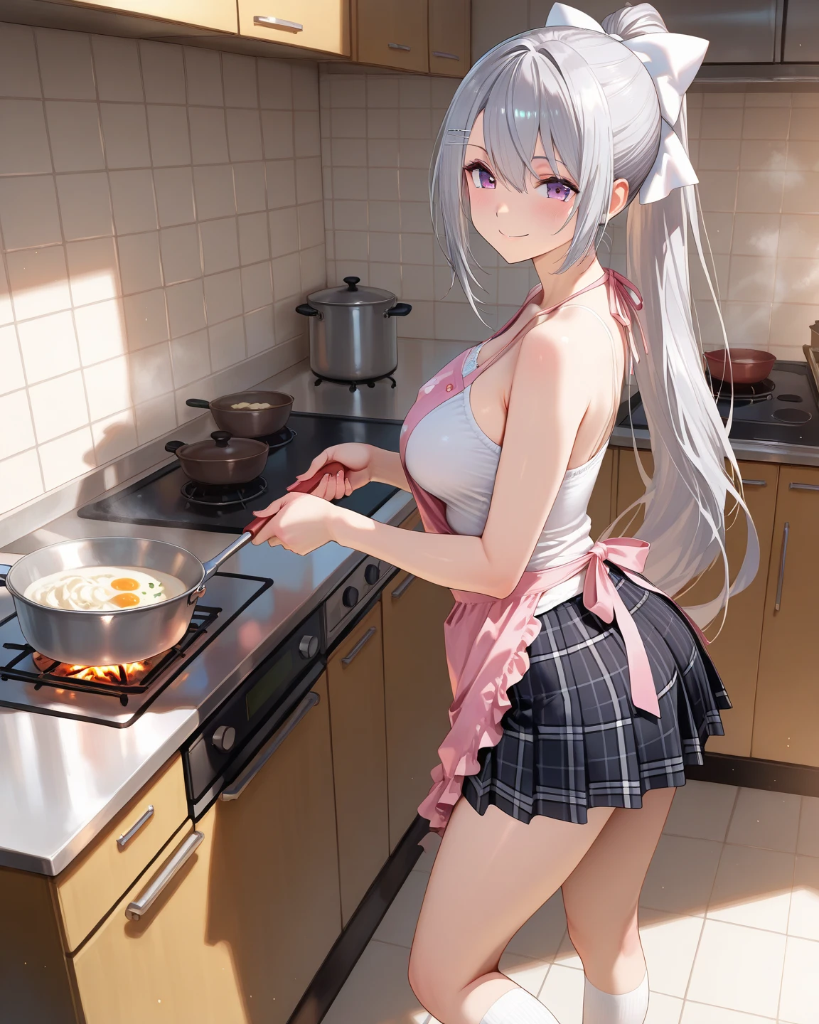 one-girl,huge tit,Bikini swimwear,kitchens,white color hair,red color eyes,white stockings