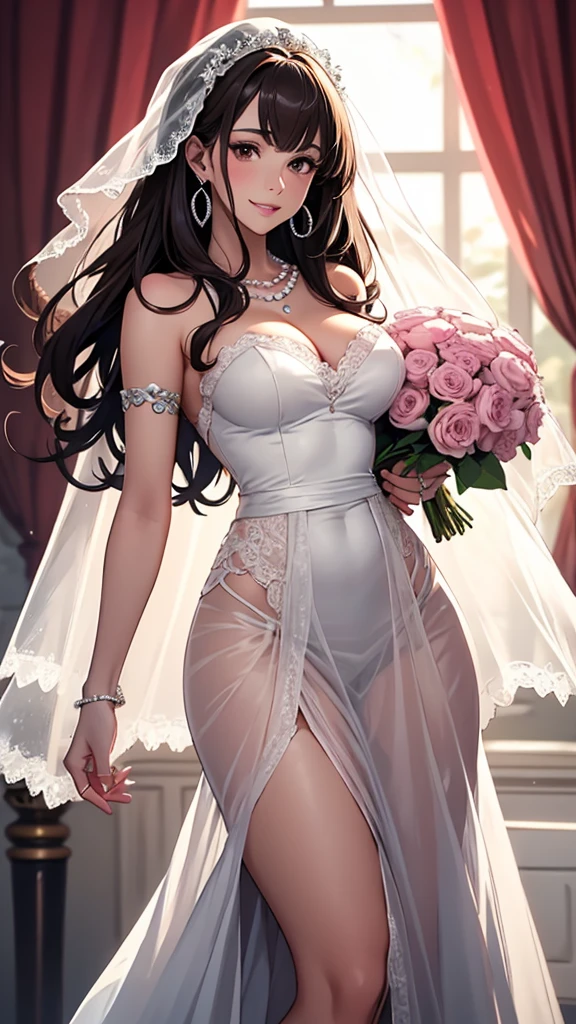 (highest quality,4K,8k,High resolution,masterpiece:1.2),Super detailed,(realistic,photorealistic,photo-realistic:1.37), (Equalize the shooting ratio between the person and the background),light,beautiful body line,Soft natural light,beauty of nature,natural pose,considerate smile, dreamy atmosphere,delicate fingers,feminine appearance,full body description, Delicate tones,graceful hair movement,beautiful background,color like dusk,dreamy atmosphere,passionate look,studio writing,exquisite details,Professional finish,art style,beautiful artwork、(perfect nordic beauty)、Light tulle sheer wedding dress、wedding veil、See-through pantyhose with white lace ruffles、white lace ruffle garter belt、Sweet room with good atmosphere、beautifully decorated bed、Stand light、Rose vase、The room is lit only by the stand lights.、dark suite room