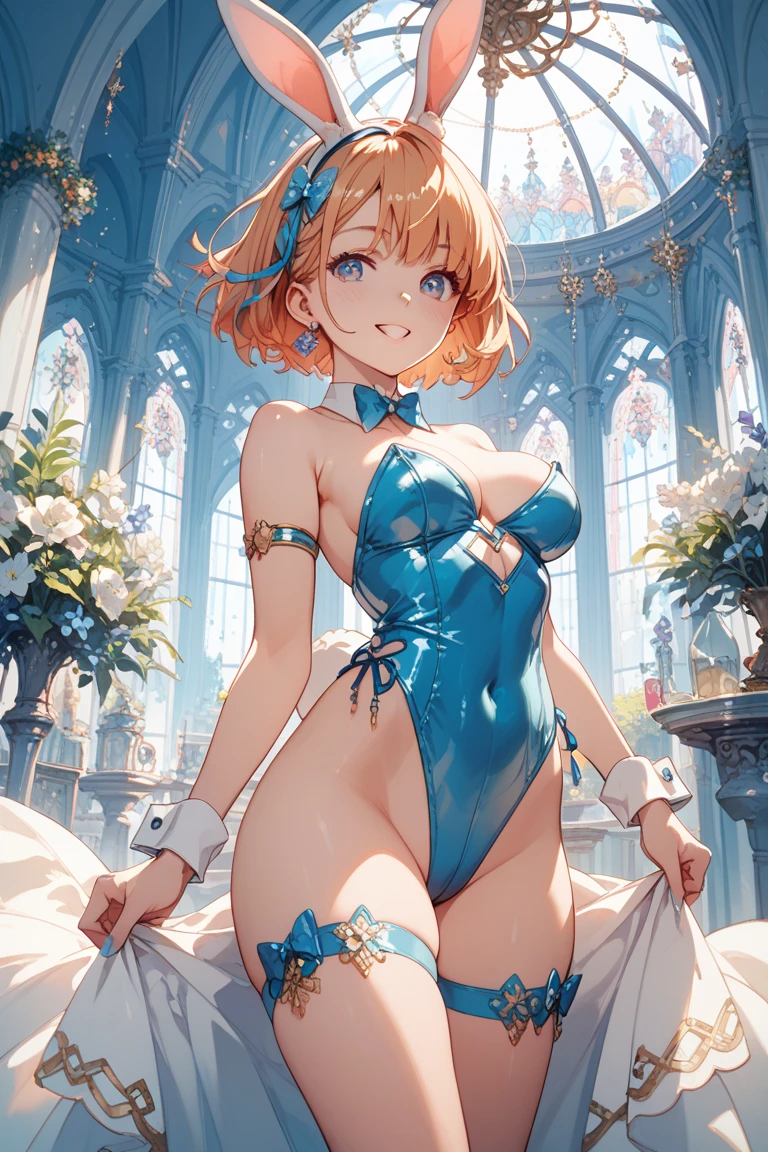 (masterpiece:1.1), best quality, NSFW,
1girl, (80s anime style:1.3), (eyelashes:1.5), (loli:1.2),
(intricate high detailed body:1.2),
red hair, (short hair, twin messy bun:1.1), (streaked blonde hair:1.2),
green eyes, (lip stick:1.1),
slender body, large breasts,
(happy, smile:1.2), open mouth,
neckwear, (white lace leotard with sleeves),
(short frill skirt), see-through clothes, jewelry,
(cowboy shot, looking at viewer, from front:1.1),
in royal palace,