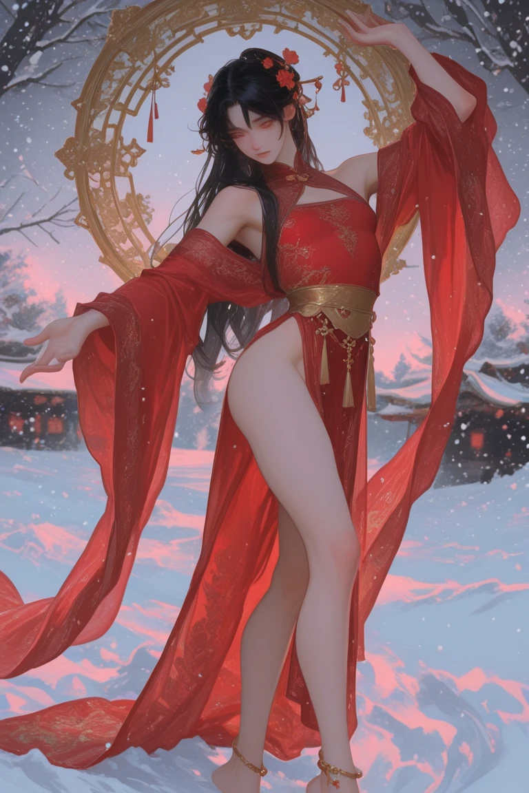 1girl,fox girl,fox_ears,foxtail,a crafty and villainous person,snowfield,snowing,plum_blossom,white silk dress,tullece,(see-through:1.3),cropped shoulder,rouge (makeup),red eyeshadow,red lips,big breasts,curvy,perfect body,sexy pose,sitting,blood on snowfield,wind,<lora:zhongfenghuaxiyou-000018:0.5>,zhongfenghua,<lora:anxiang:0.55>,