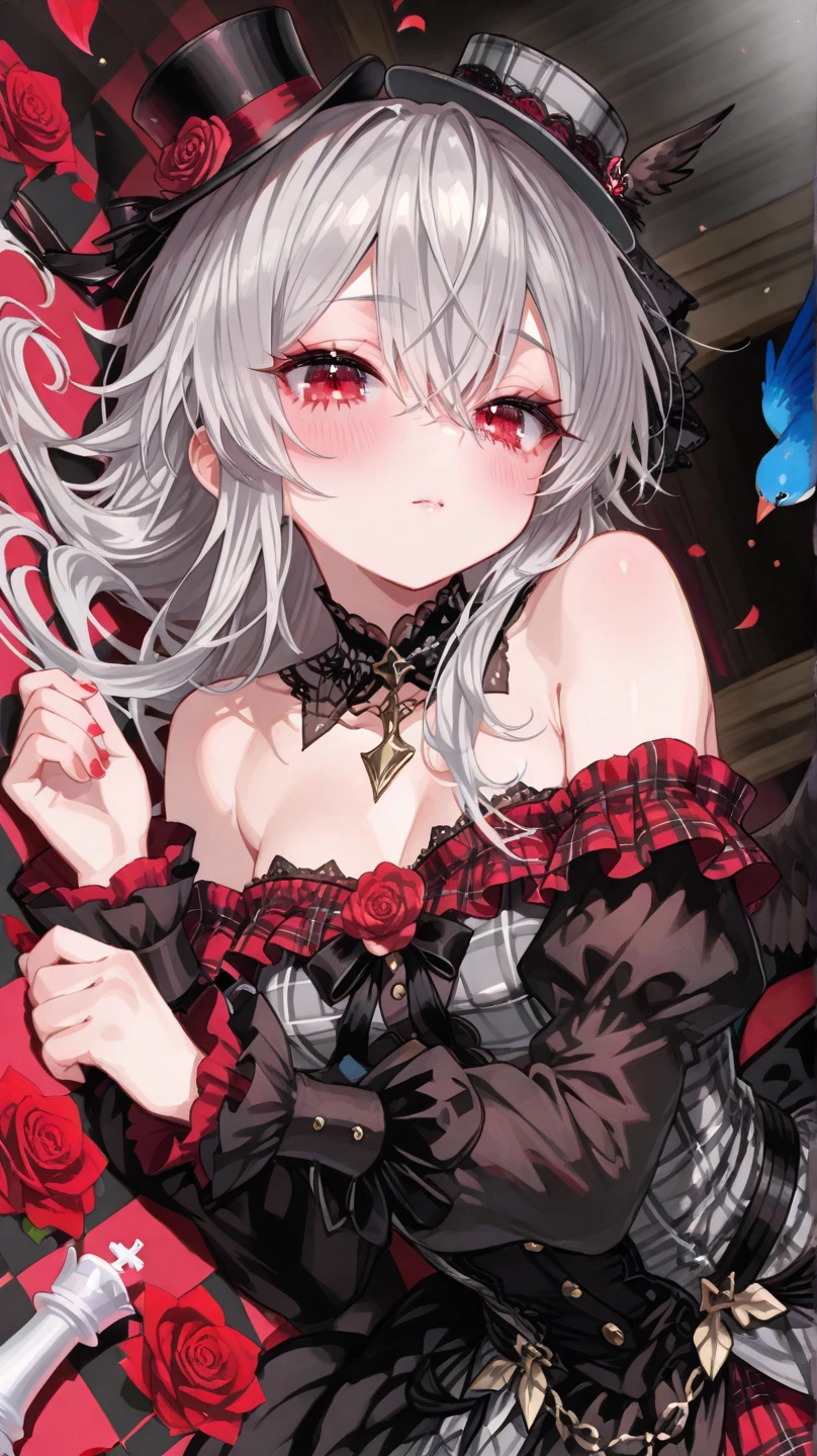 masterpiece, best quality, high quality, detailed, ultra detailed, hyper detailed, insanely detailed, exquisite, beautiful, female, cheerful, grinning, lying on back, looking at viewer, medium hair, black hair, black eyes, blonde, red eyes, pale skin, tall, glamorous, voluptuous, underwear, hair ribbon, necklace, curvy, in the room, with a bed, at night, cel anime, upper body, from front, from above, from below, golden ratio, golden triangle, triangular composition