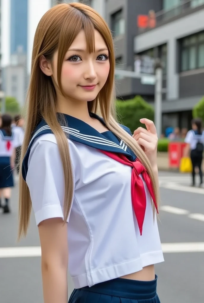 masterpiece, (photorealistic:1.4), best quality, beautiful lighting, outdoors,toga himiko, boku no hero academia, 1girl, bags under eyes, bangs, blonde hair, blunt bangs, blush, , double bun, grin, hair bun, happy, looking at viewer, messy hair, red neckerchief school uniform,short hair, sidelocks, slit pupils, smile, solo, v, yellow eyes <lora:toga_himiko_offset:0.9> ,large breasts,{{forcus breasts:1.2}},lean forward,full body <lora:sukebra(bsb&fsb):0.7>,((black bra visible through clothes:0.85)),(sukebra:1.3),(see-through:1.1)