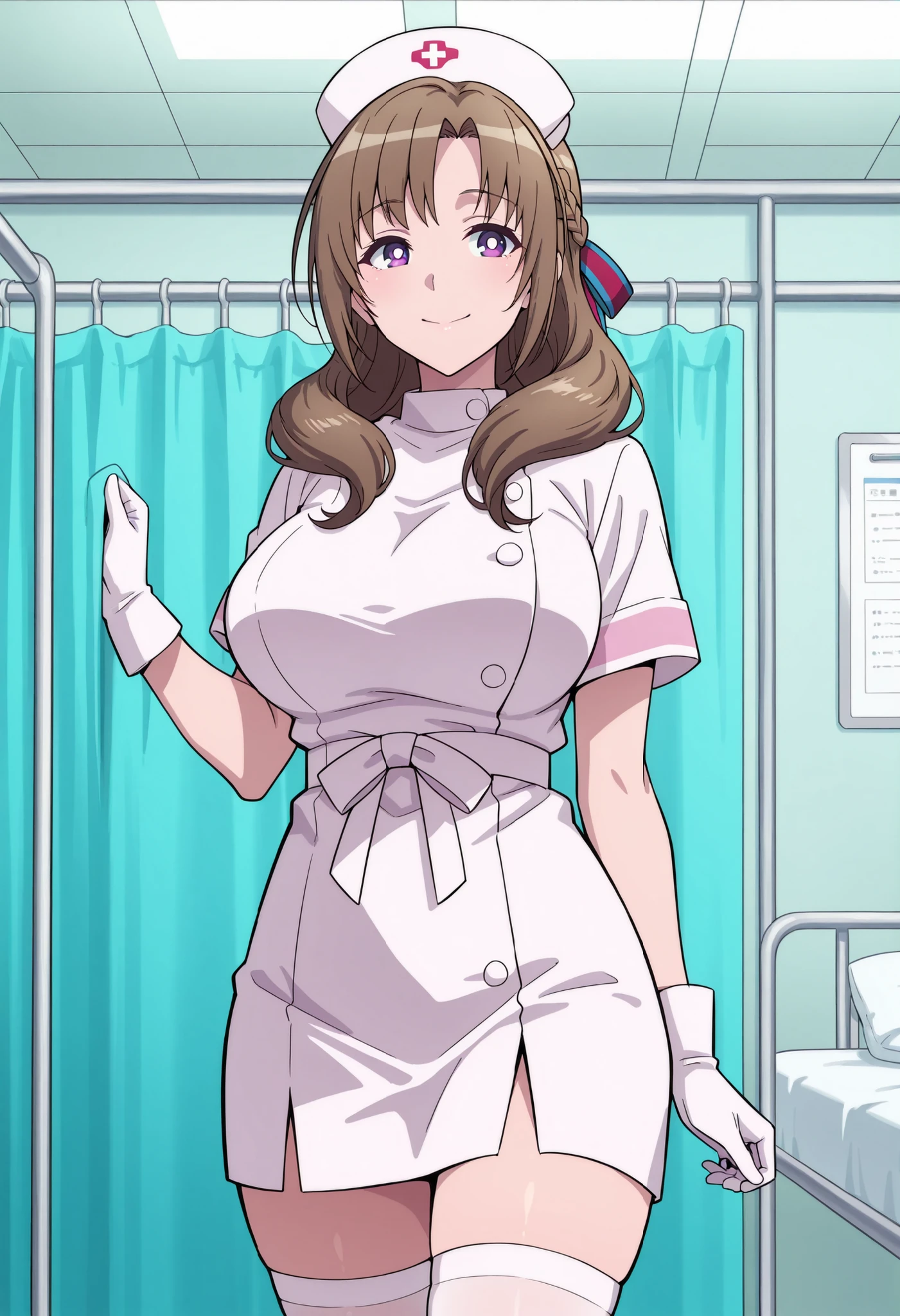 Score_9, score_8_up, score_7_up, source_anime, Mamako OOSUKI, solo, bronze hair, long_hair, hair ribbon, multicolored ribbon, braid, purple_eyes, huge_breasts, (best quality), (high quality), {masterpiece}, extremely delicate and beautiful, ultra-detailed, beautiful detailed eyes, nurse, nurse hat, ((white nurse's outfit)), white gloves, white thighhighs, hospital room, smile, closed mouth, standing
