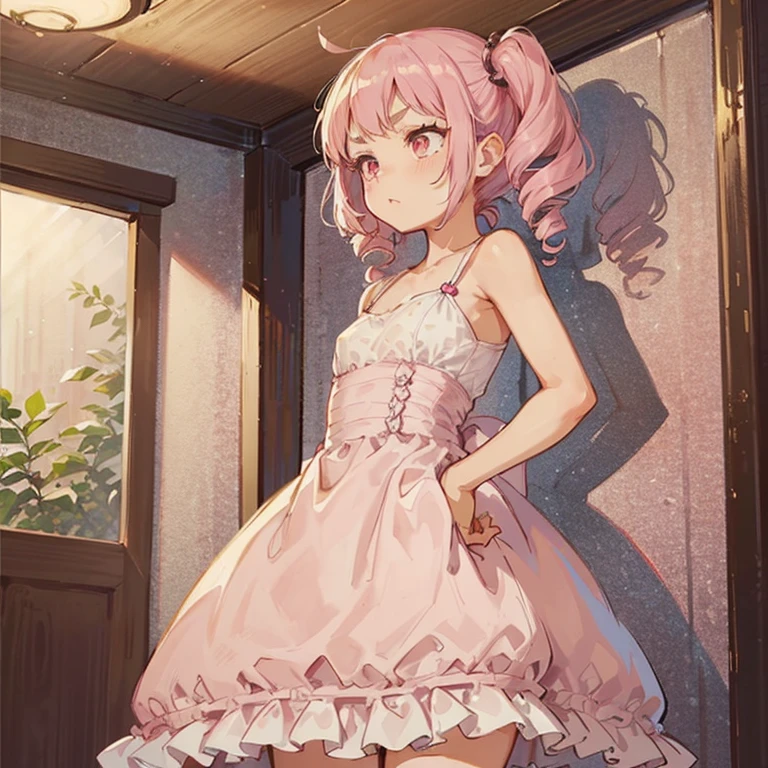 Anna Millers style rose pink uniform, cute girl clerk, A slightly embarrassed smile for customer service, leaning down, Bustier style rose pink dress that does not hide the breasts, Soft breasts around C cup, Rose pink fluttering mini skirt, White knee-high socks, and draw the full body, unwear, Taking off clothes, She stands on one leg and takes off her panties down to her thighs., Interior of a large Western-style coffee shop, Her uniform is a little disheveled and her breasts are exposed., Draw nipples,Her skirt is a little disarray and her crotch is visible.,draw the crevice between the legs, Drops are dripping from my crotch, slightly dampening my thighs.