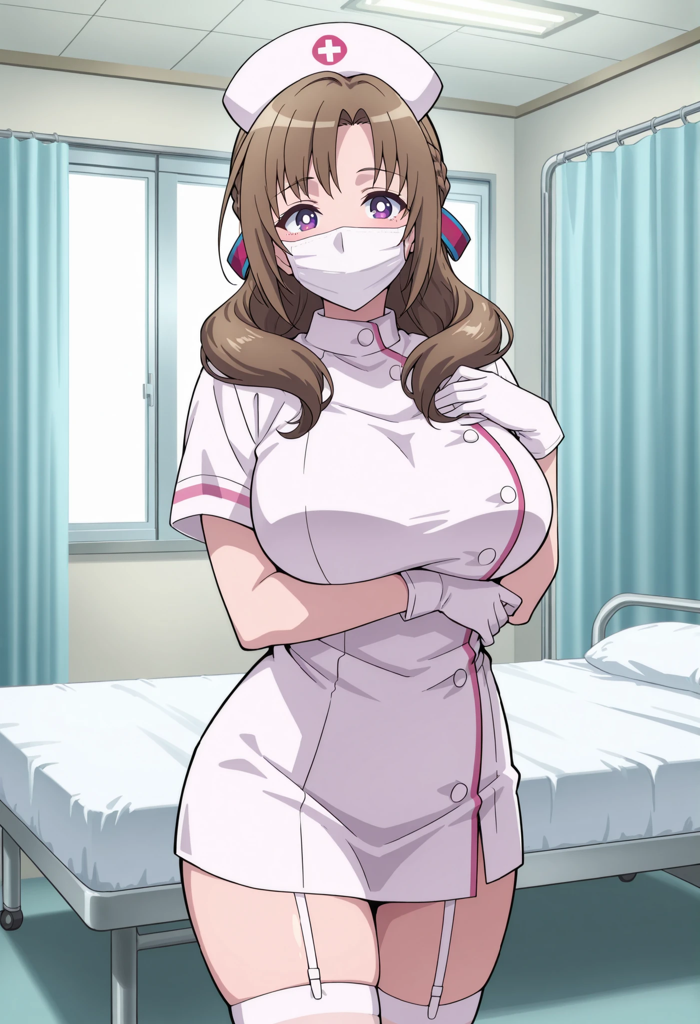 Score_9, score_8_up, score_7_up, source_anime, Mamako OOSUKI, solo, bronze hair, long_hair, hair ribbon, multicolored ribbon, braid, purple_eyes, huge_breasts, (best quality), (high quality), {masterpiece}, extremely delicate and beautiful, ultra-detailed, beautiful detailed eyes, nurse, nurse hat, ((white nurse's outfit)), white gloves, white thighhighs, hospital room, ((white mask, mouth mask, covered nose)), standing