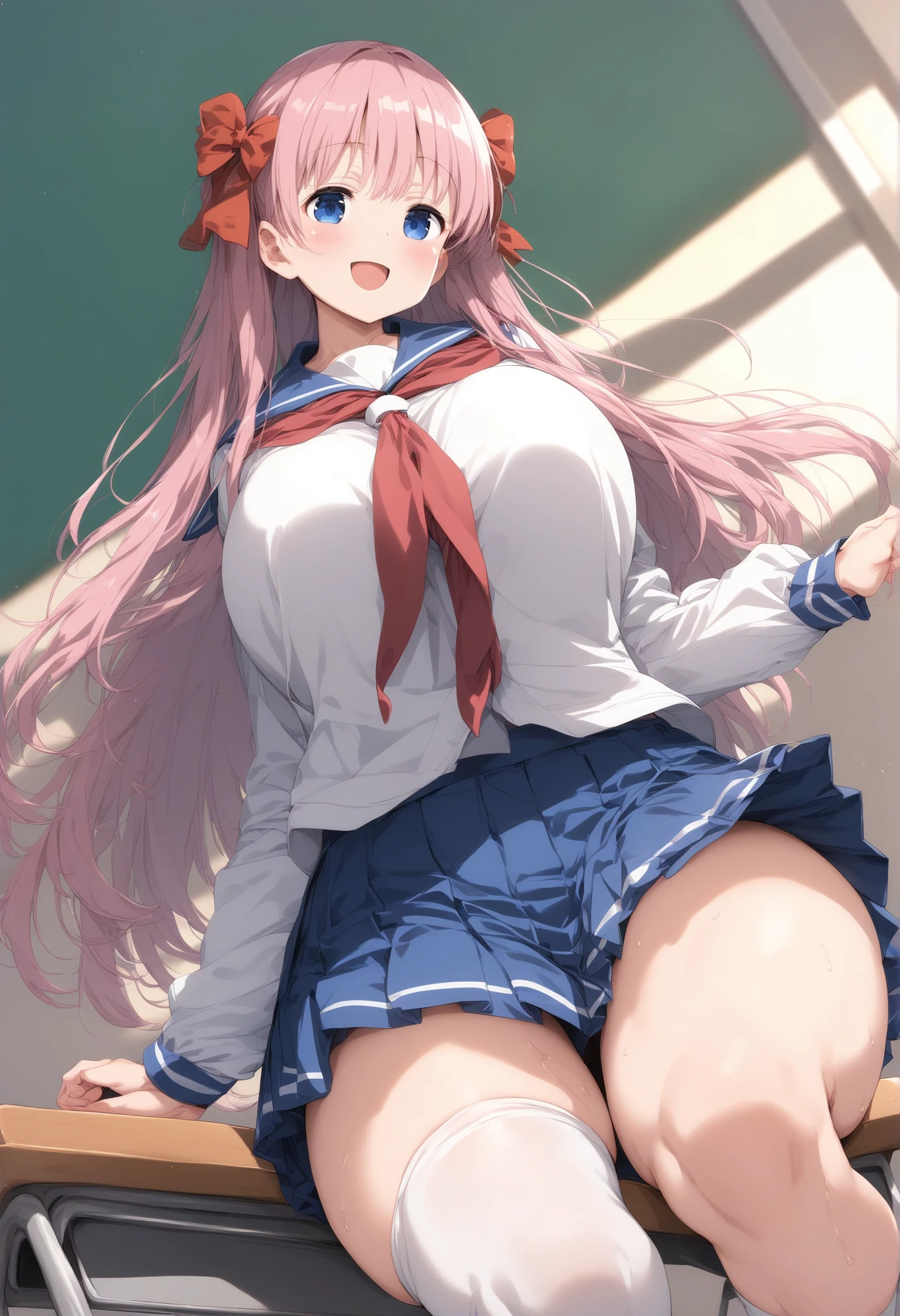 Hentai、Highest quality、Cowboy Shot、Busty high school girl lifts her skirt to show off her panties on the school rooftop、 over a metre、Thick legs、Clear eyes