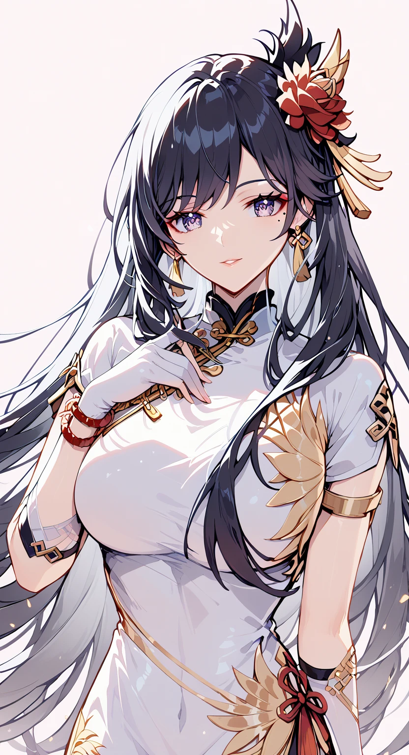 young girl, Long black hair with light pink ends, white fox ears, White fox tails, golden eyes, Thick kimono, open shoulders, open breasts, ssmile, Masterpiece, hiquality