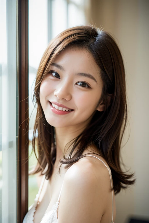 masterpiece,best quality,(Japanese ),((Beautiful girl)),cleavage,indoor,(perfect body beauty:1.2),(shy smile),beautiful teeth,