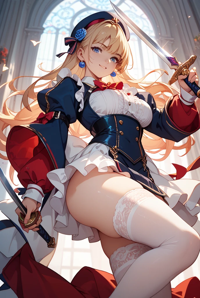 クオリティ
(((masterpiece))), (((best quality))), ((ultra-detailed)), (illustration), ((an extremely delicate and beautiful)),
状況
1girl, Solo,Looking at Viewer, Full body,
髪型
Long hair, Bangs, Blonde hair,braid, Ahoge,Twin-tailed, ((twin braids)),(flipped hair),(messy hair),volumey,(low Twin-tailed),absurdly Long hair,
顔
Green eyes,happy,smile,open mouth
体型
breasts,large breasts,thighs,thighhighs,white thighs, ,(junior high school student),
服装
Skirt, gloves, pleated Skirt, frilld, zettai ryouiki, Capelet, garter strap, white Skirt, Underbust, blue gloves,Cross-laced clothes,(blue Capelet), Underbust,straplessdress,(knee high socks),white knee-high socks,(sleeveless),cleavage cutout,
装飾
choker,Bow, bow ribbon, hair Bow,staff,Red bow ribbons,Cross,Cross choker,Cross earrings,
ポーズ
Holding,Holding staff,jumping