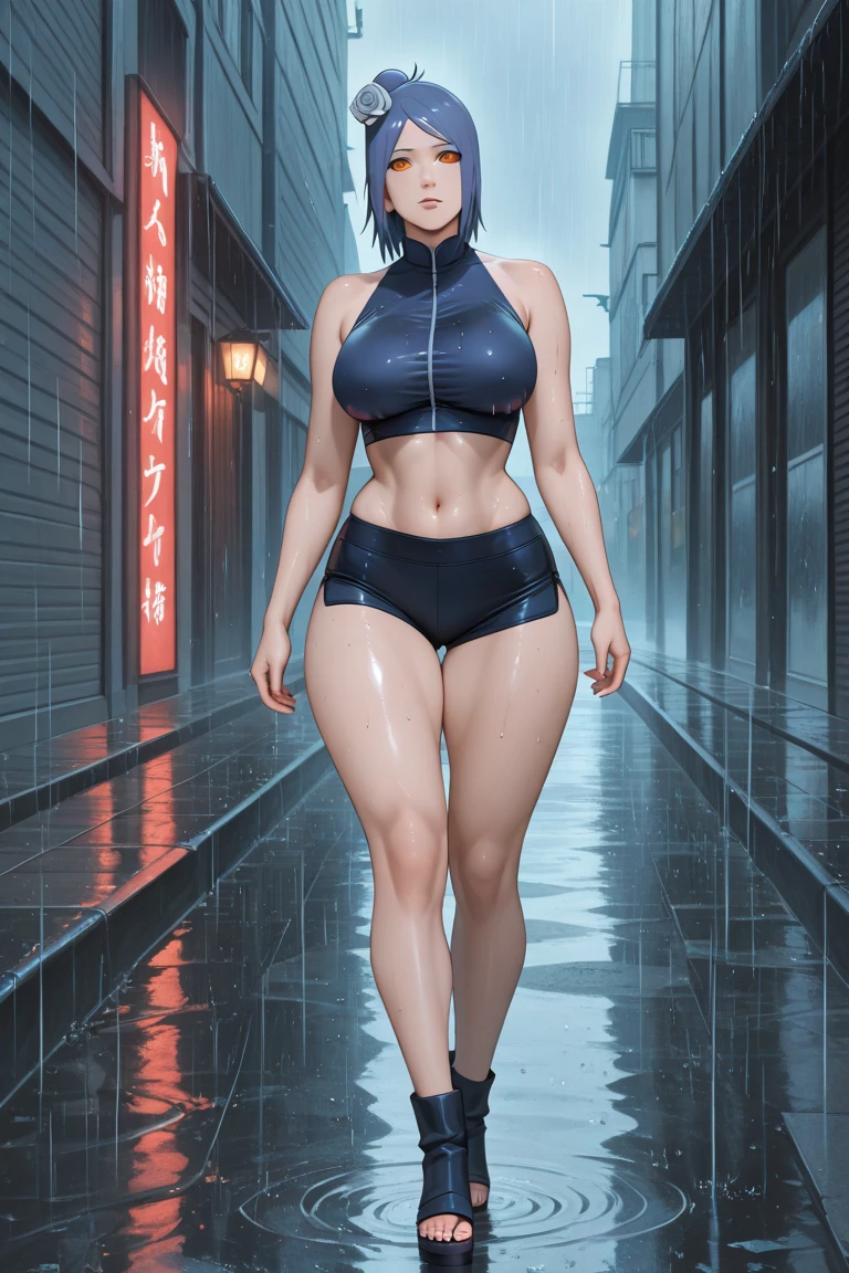 1 girl,Highly realistic rendering in Unreal Engine,highest details,streetview,Beautiful big eyes,Reveal large and straight breasts,big breasts thin waist,Black fishnet socks,Almost completely naked,Moisturize the body,under rain,Facing the audience。