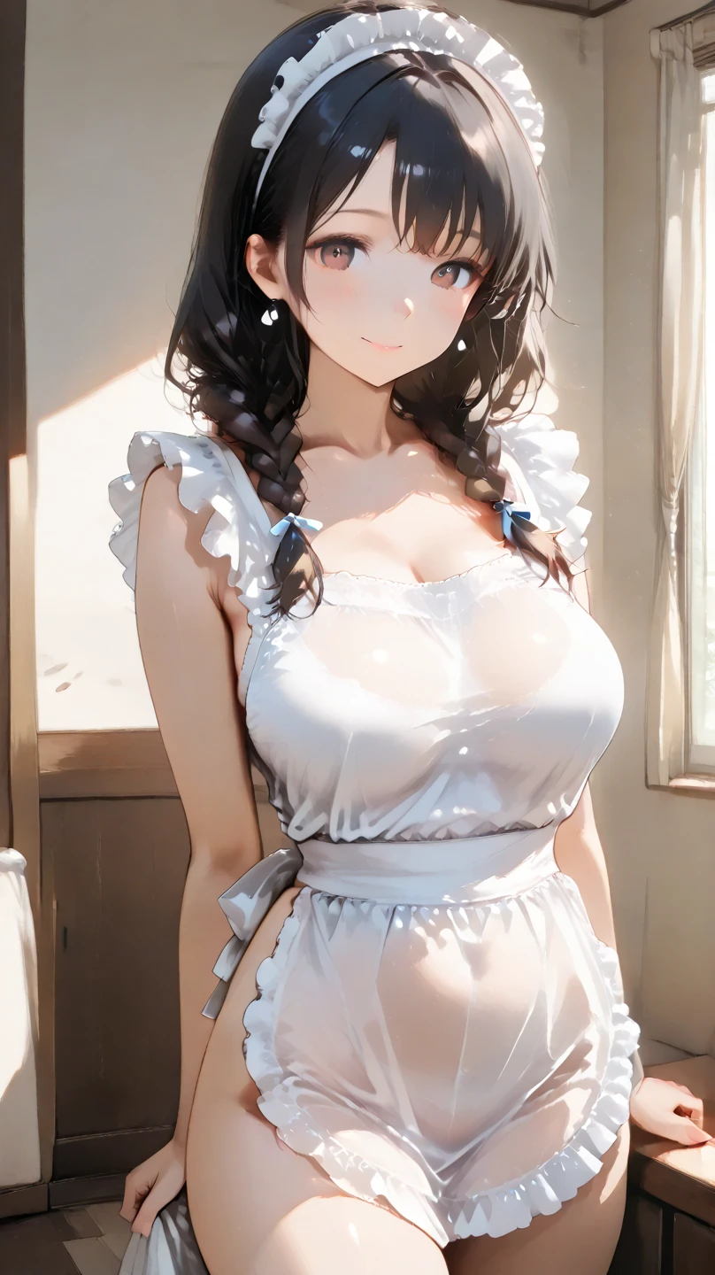 Anime. 1 girl. Housemaid. Pregnant. Black hair. Long hair. Hair is gathered in braids. Green eyes. Beautiful eyes. Perfect eyes. Expressive eyes. Beautiful nose. Ideal anatomical body. Beautiful graceful hands. Beautiful graceful legs. Medium breasts. Beautiful breasts. Nightgown. Contractions. The waters have broken. Childbirth. She's giving birth. I peed myself. I crap myself. Standing. Bedroom in a mansion. Full height. Embarrassment. Blush. Whole body. Extremely detailed CG Unity 8k wallpaper. Ideal lighting. Ultra high resolution 4K. Super detailed 8K resolution.