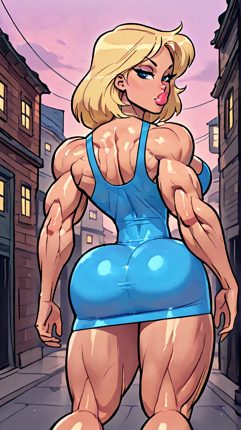 Best quality, solo young woman, large round breasts, (gravity-defying breasts), fit ass, narrow waist, blonde styled hair, Marvelous pink eyes, full lips, seductive, ribbon in hair, choker, sexy pink leotard, silver hoops, skinny muscular thighs, fit physique, backside view, looking back to viewer