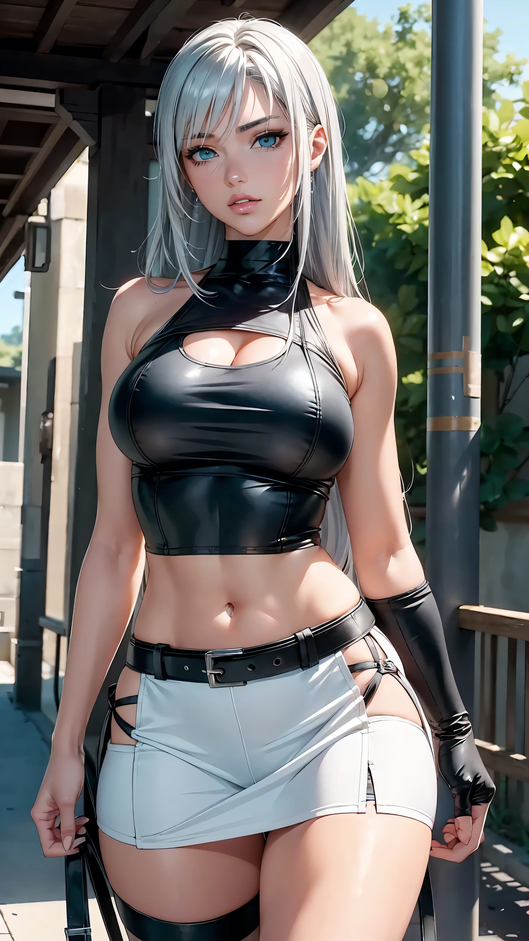 (masterpiece), best quality, perfect face, silver hair, long hair, short leather shorts, sweat, dirty bikini, , buttom, front view, thick legs, fitness, street, wide hips, breast,