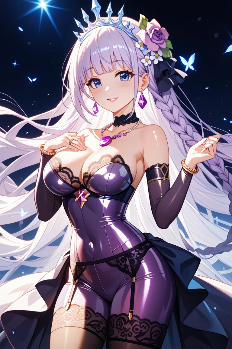 ((highest quality、8K、masterpiece:1.3))、Extraordinary Beauty、Ultimate Beauty、revealing underwear:1.2、Super Detail Face、delicate eyes、smile、erotic expression、sexy look、Sexy look、looking at the camera、(((((sexually seducing)))))、(((((Embarrassingly seduces by offering sexual services)))))、beautiful girl、Large beautiful breasts、cleavage、slim、slender、1 girl, kimono, ponytail ,gray hair, purple eyes, magic circle, blue fire, blue flame, wallpaper, landscape, Depth of the bounds written, night, light particles, light, side light, thighs, genshin impact, Open jacket, skirt, Thighhighs, cloud
