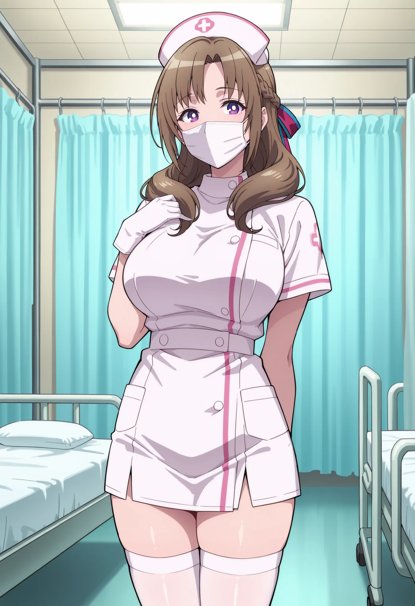 Score_9, score_8_up, score_7_up, source_anime, Mamako OOSUKI, solo, bronze hair, long_hair, hair ribbon, multicolored ribbon, braid, purple_eyes, huge_breasts, (best quality), (high quality), {masterpiece}, extremely delicate and beautiful, ultra-detailed, beautiful detailed eyes, nurse, nurse hat, ((white nurse's outfit)), white gloves, white thighhighs, hospital room, ((white mask, mouth mask, covered nose)), standing