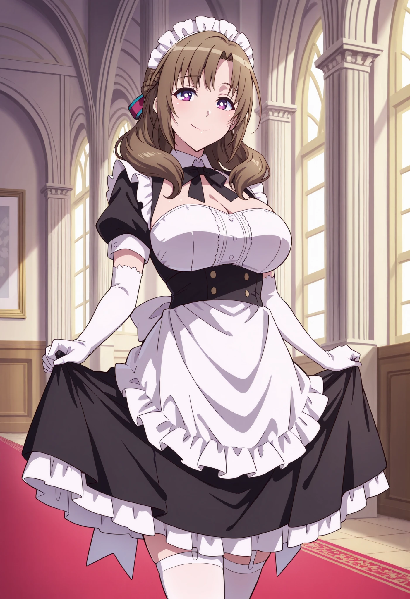 Score_9, score_8_up, score_7_up, source_anime, Mamako OOSUKI, solo, bronze hair, long_hair, hair ribbon, multicolored ribbon, braid, purple_eyes, huge_breasts, (best quality), (high quality), {masterpiece}, extremely delicate and beautiful, ultra-detailed, beautiful detailed eyes, maid, black maid costume, short sleeves, puffy sleeves, white headdress, white frilled apron, white elbow gloves, white thighhighs, mansion, indoor, smile, closed mouth, standing