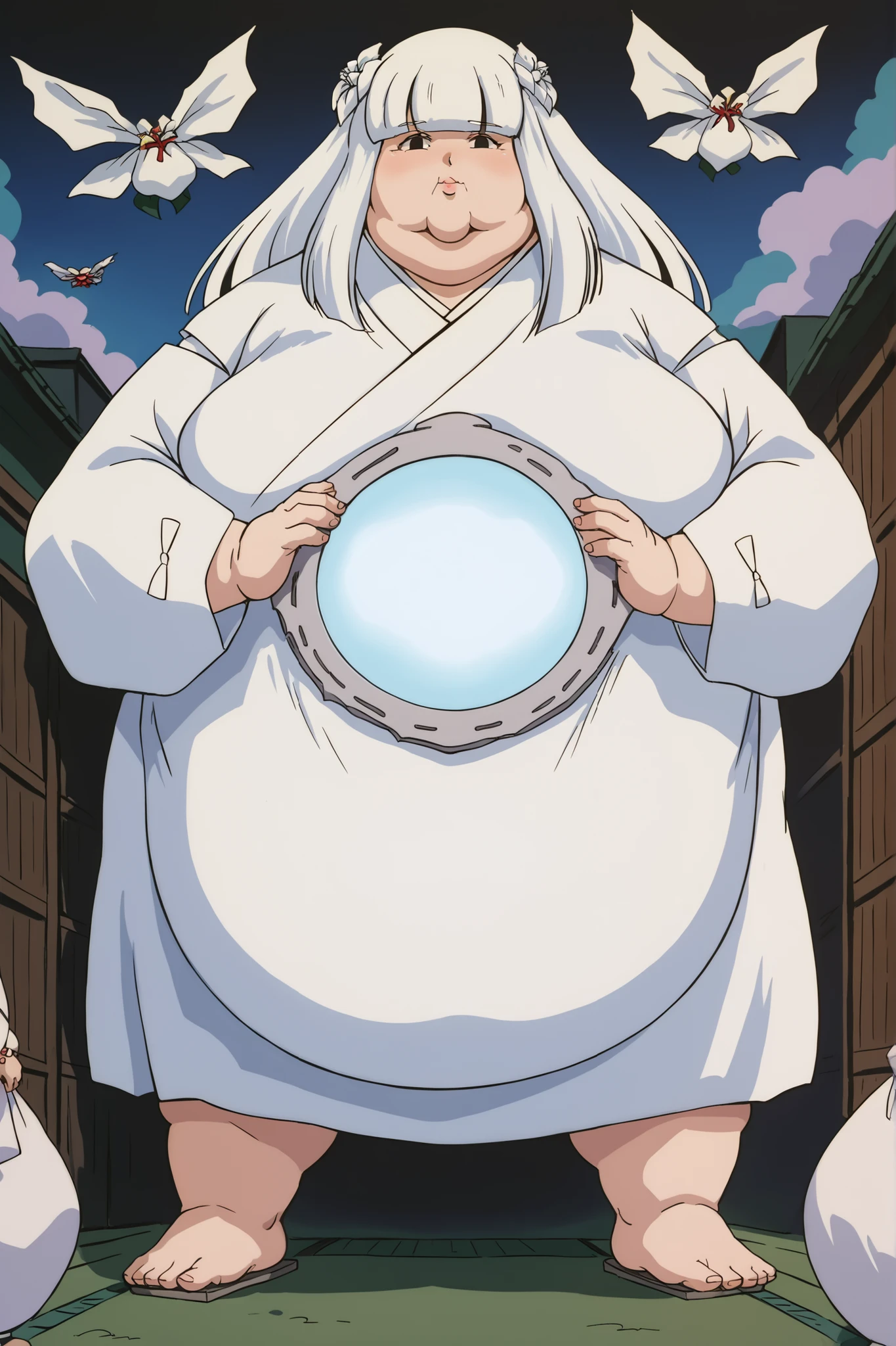 Fat_neck , Fat head , eyes with crushed cheeks , nose with crushed cheeks , mouth with crushed cheeks , chin roll , chubby, obesity, chubby, shortness of breath, Wide angle , Ultra-detailed illustration , masterpiece , top quality, fat, chubby, obese , score_9, score_8_up, score_7_up, source_anime,
inuyashakanna, kanna, long hair, bangs, hair ornament, flower, white hair, hair flower, blunt bangs, black eyes,
japanese clothes, kimono, white kimono, giant hands, giant feet, fat, chubby, obese, gigantic arms and legs, gigantic breasts, sagging breasts, full body shot, fat face, chubby face, double chins, big lips,