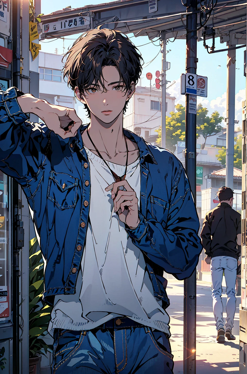 pastel , 1980 style ,colored pencil drawing，( top quality:1.2, very detailed, Newest,  masterpiece:1.2,  Best Aesthetics),((最高masterpiece)),(((top quality)))high resolution、((Cool Summer Model Style、illustration of a beautiful 18 year old cool and handsome man、Cool and Handsome Poses、 :1.4))((((            18 year old handsome man shining in bright sunlight            、colorfulな髪色,Cool casual clothes、vintage jeans、)))), (colorful),,Cinematic Light,{X} very detailedなCG Unity 8k壁紙 LIGHT, fantasy shot taken with a Nikon Z7 II mirrorless camera,bright beach background、1980s retro vintage sparkling bright beach view         、Glittering color gradient。