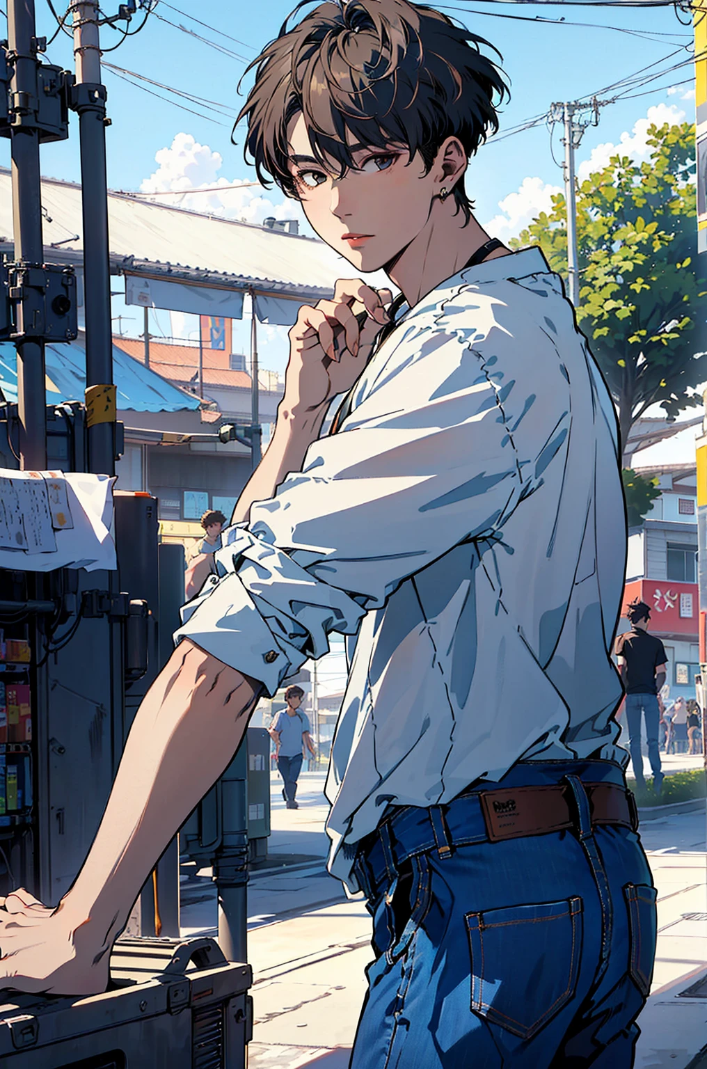 pastel , 1980 style ,colored pencil drawing，( top quality:1.2, very detailed, Newest,  masterpiece:1.2,  Best Aesthetics),((最高masterpiece)),(((top quality)))high resolution、((Cool Summer Model Style、illustration of a beautiful 18 year old cool and handsome man、Cool and Handsome Poses、 :1.4))((((            18 year old handsome man shining in bright sunlight            、colorfulな髪色,Cool casual clothes、vintage jeans、)))), (colorful),,Cinematic Light,{X} very detailedなCG Unity 8k壁紙 LIGHT, fantasy shot taken with a Nikon Z7 II mirrorless camera,bright beach background、1980s retro vintage sparkling bright beach view         、Glittering color gradient。